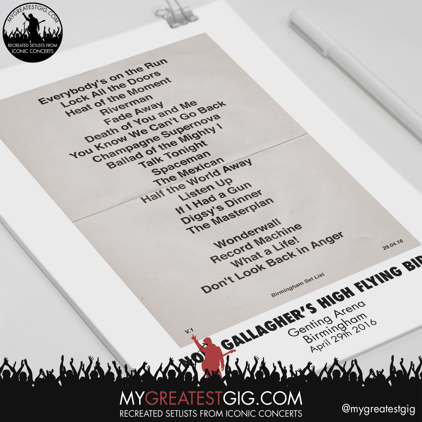 Noel Gallagher's High Flying Birds - Birmingham - April 29th 2016 Recreated Setlist Poster