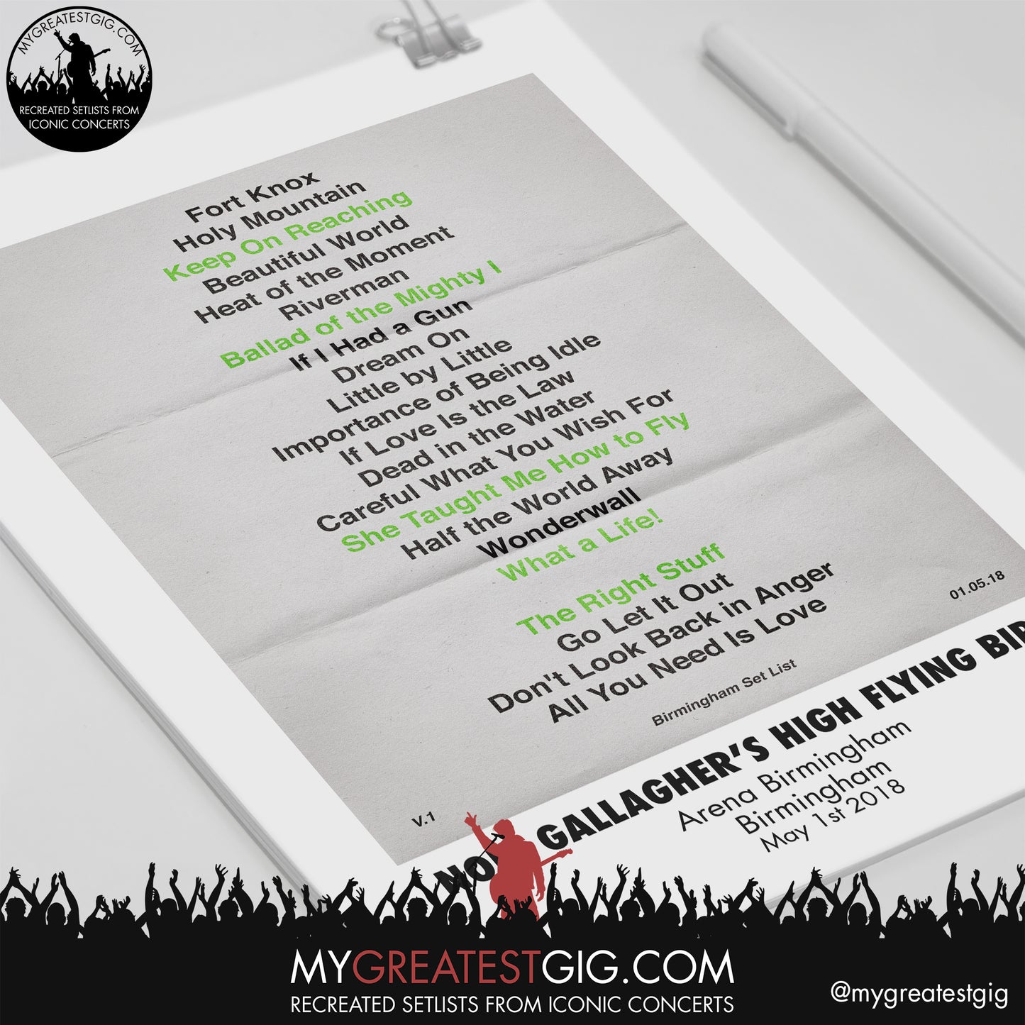 Noel Gallagher's High Flying Birds - Birmingham - May 1st 2018 Recreated Setlist Poster