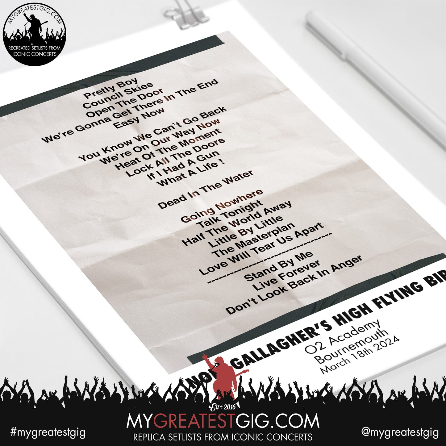 Noel Gallagher's High Flying Birds - Bournemouth - March 18th 2024 Replica Setlist Poster