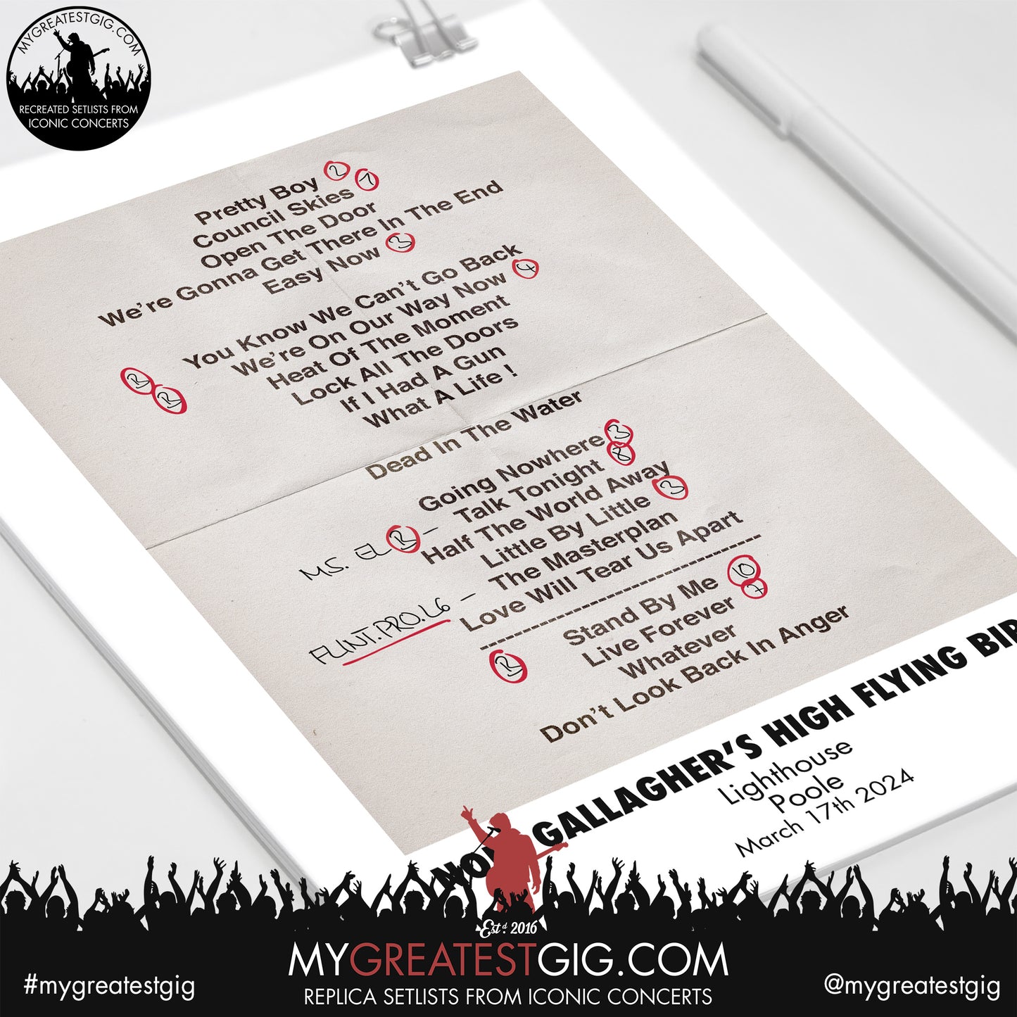 Noel Gallagher's High Flying Birds - Poole - March 17th 2024 Replica Setlist Poster