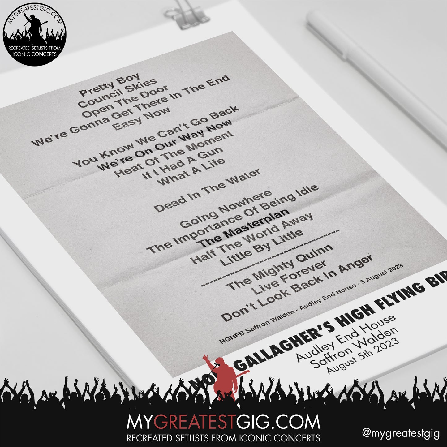Noel Gallagher's High Flying Birds - Saffron Walden - August 5th 2023 Replica Setlist Poster