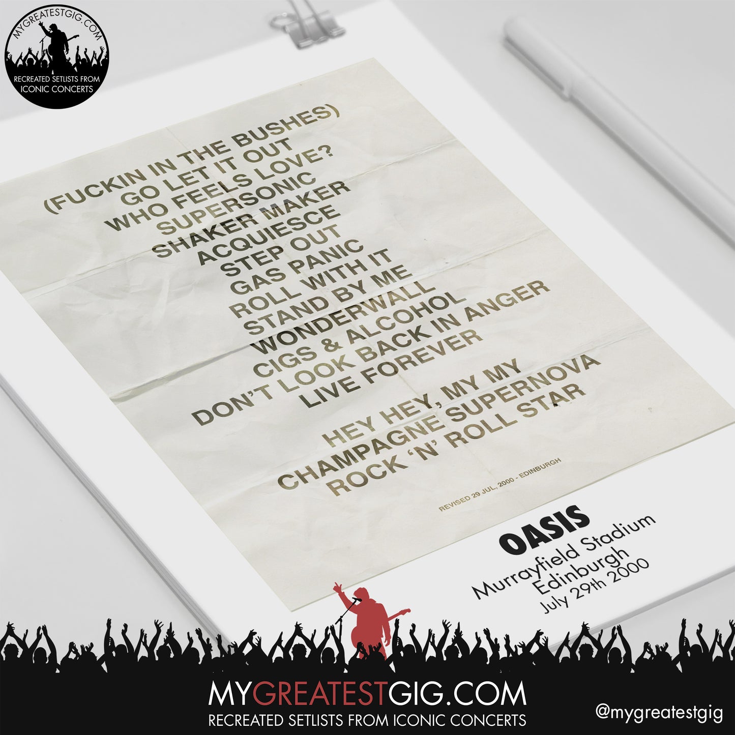 Oasis - Edinburgh - July 29th 2000 Recreated Setlist Poster