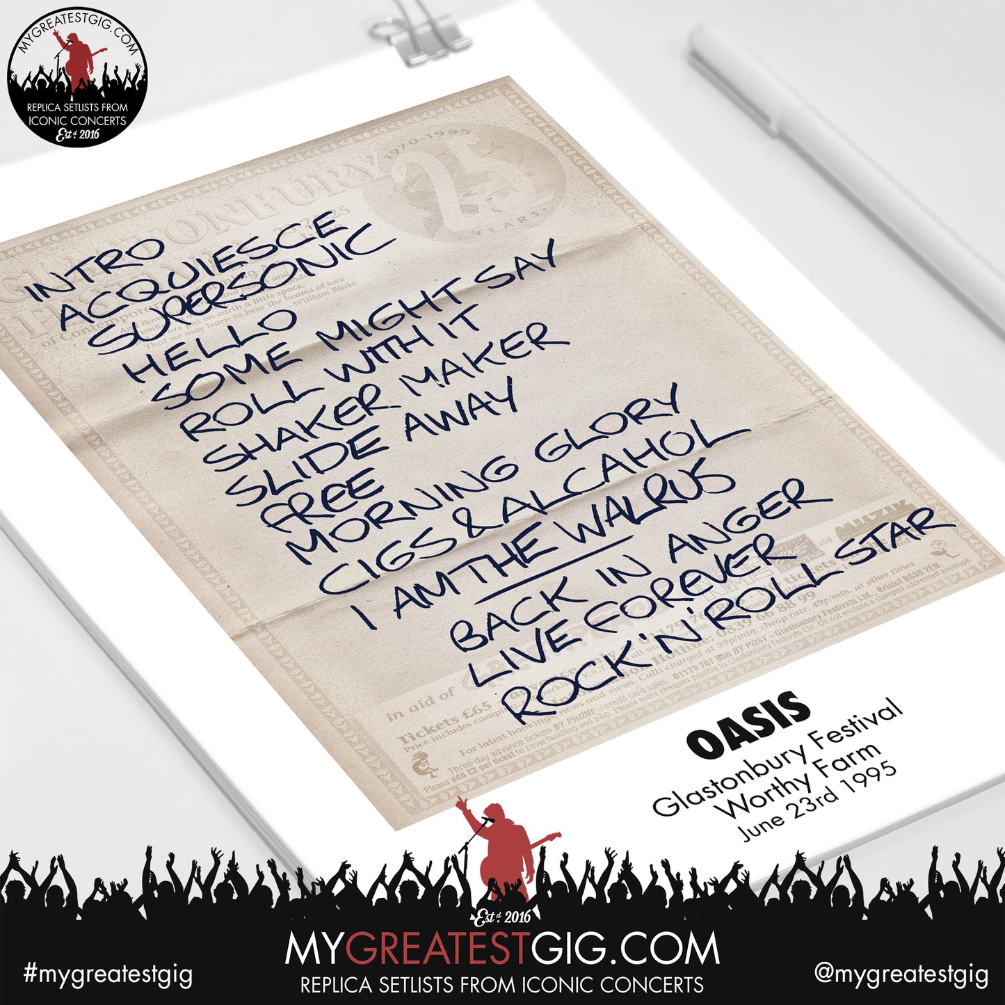 Oasis - Glastonbury Festival - Jun 23rd 1995 Recreated Setlist Poster