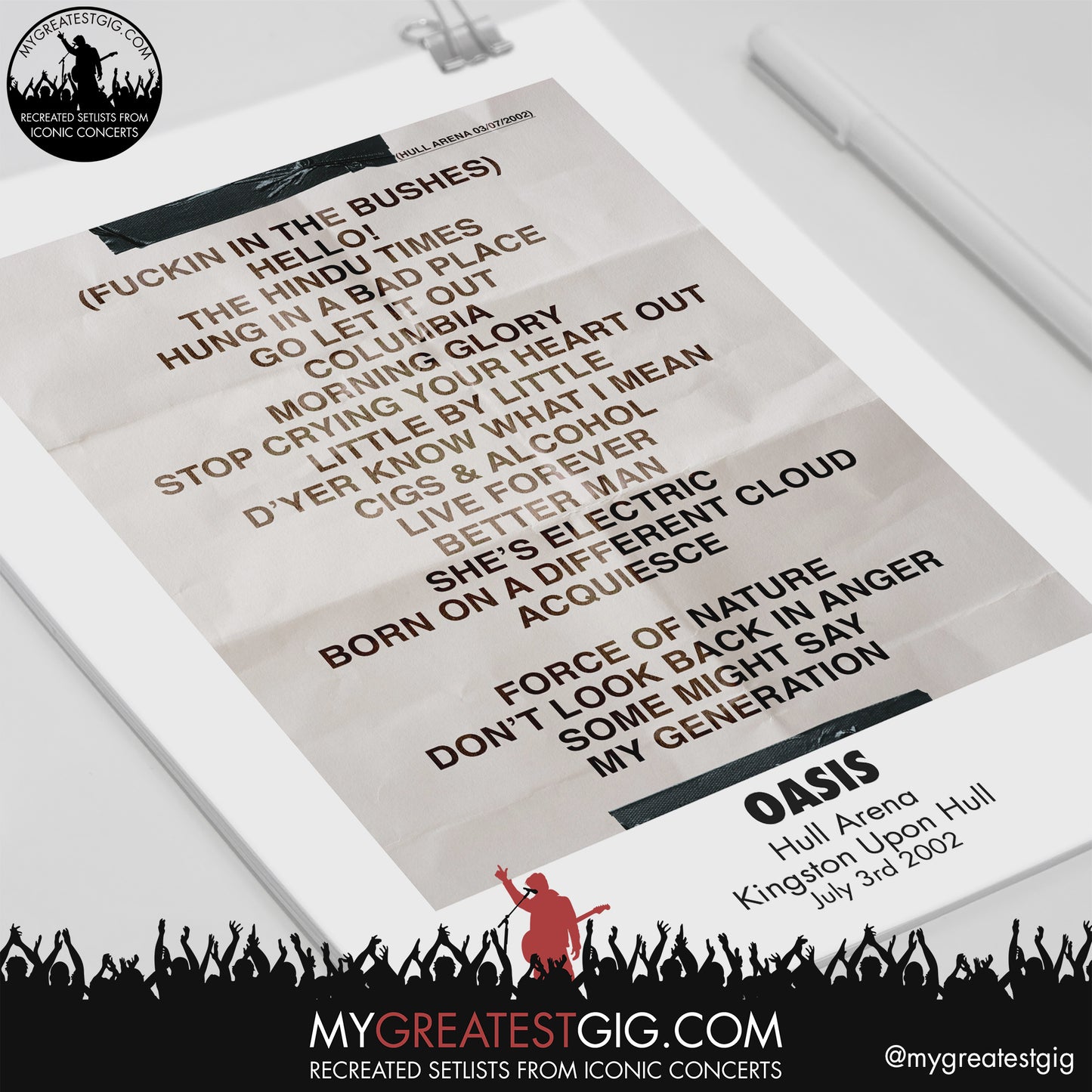 Oasis - Hull - July 3rd 2002 Recreated Setlist Poster