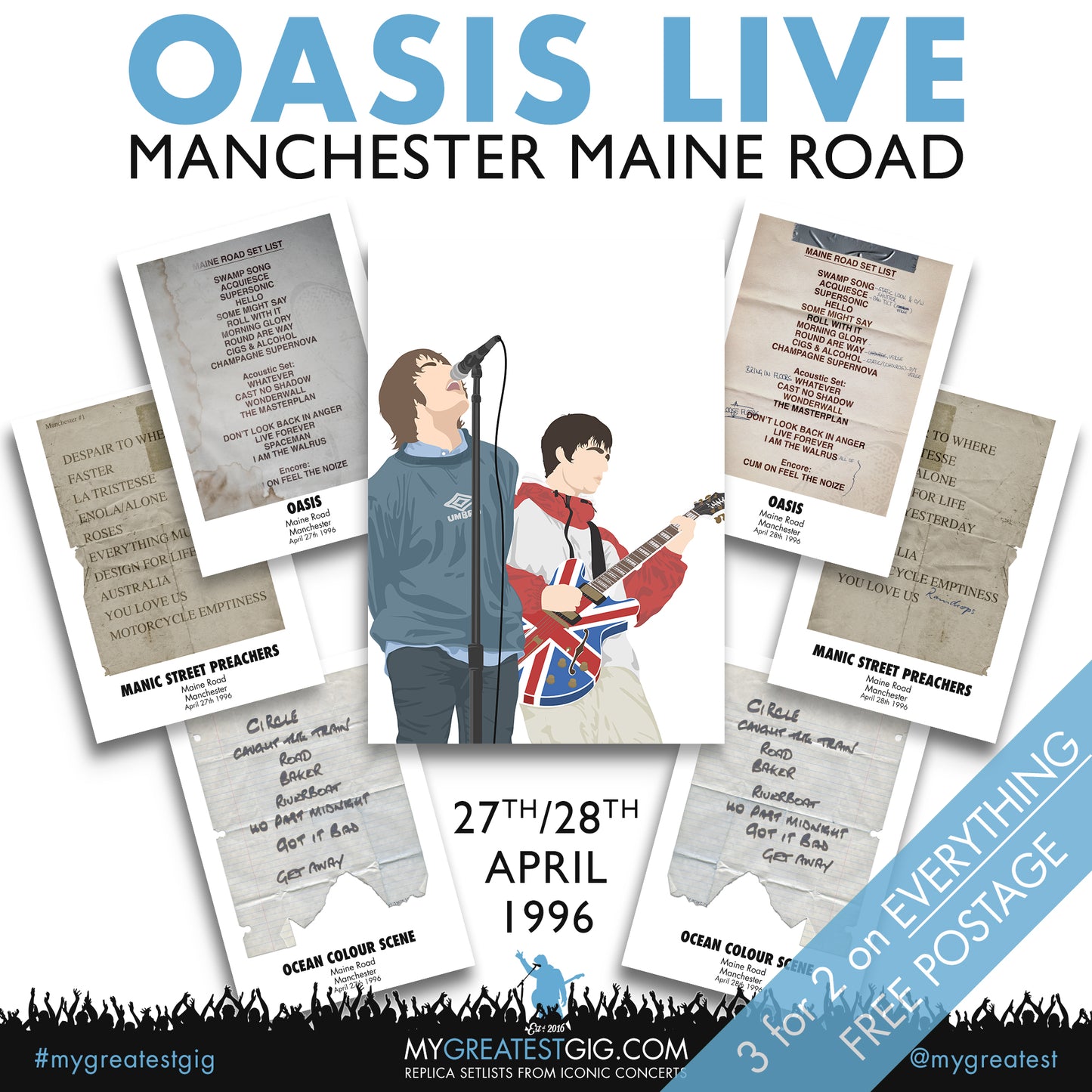 Oasis/Manics/Ocean Colour Scene - Manchester - Maine Road - Apr 27th/28th 1996 Replica Set List Posters