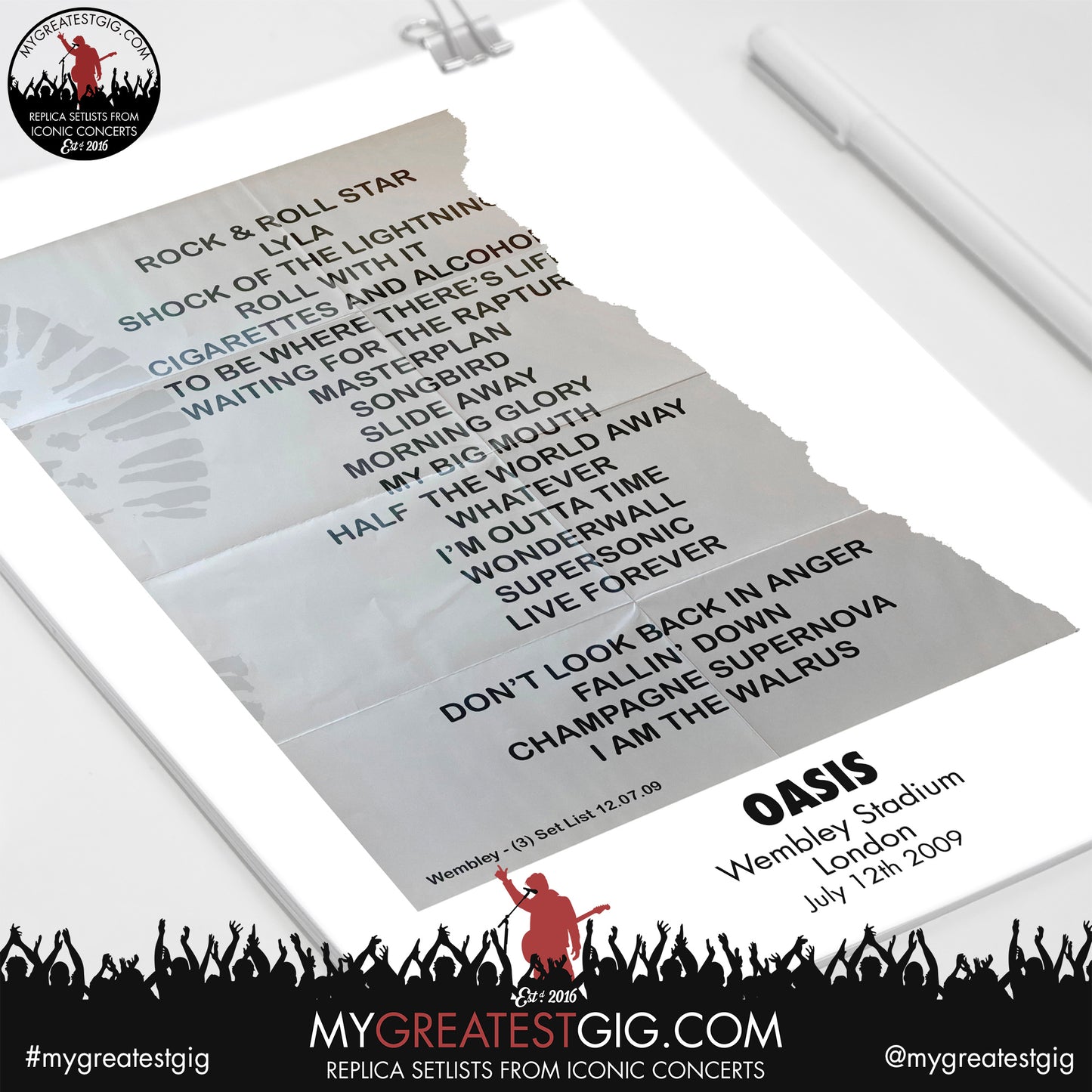 Oasis - Wembley Stadium - July 9th / 11th / 12th 2009 Replica Set List Poster