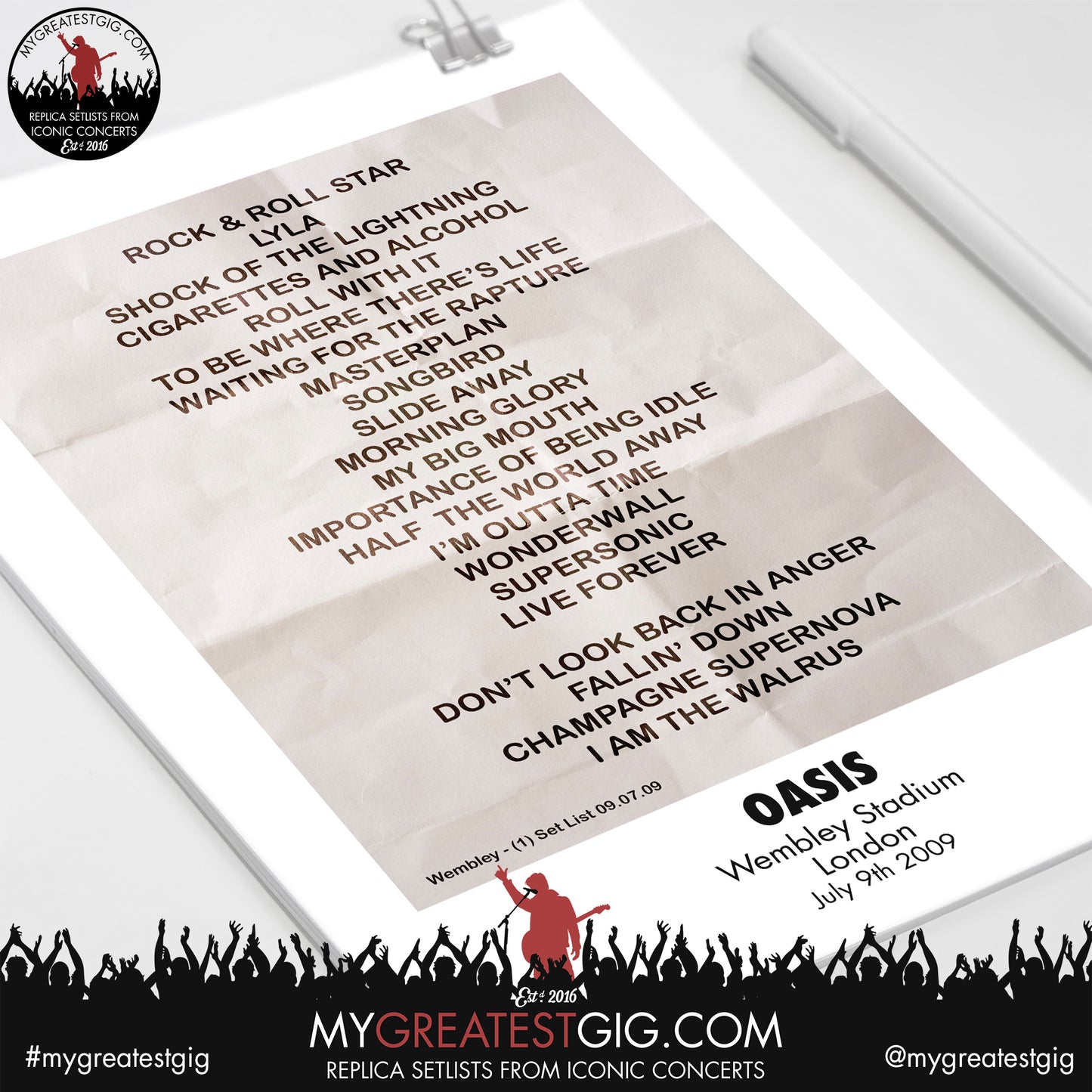Oasis - Wembley Stadium - July 9th / 11th / 12th 2009 Replica Set List Poster