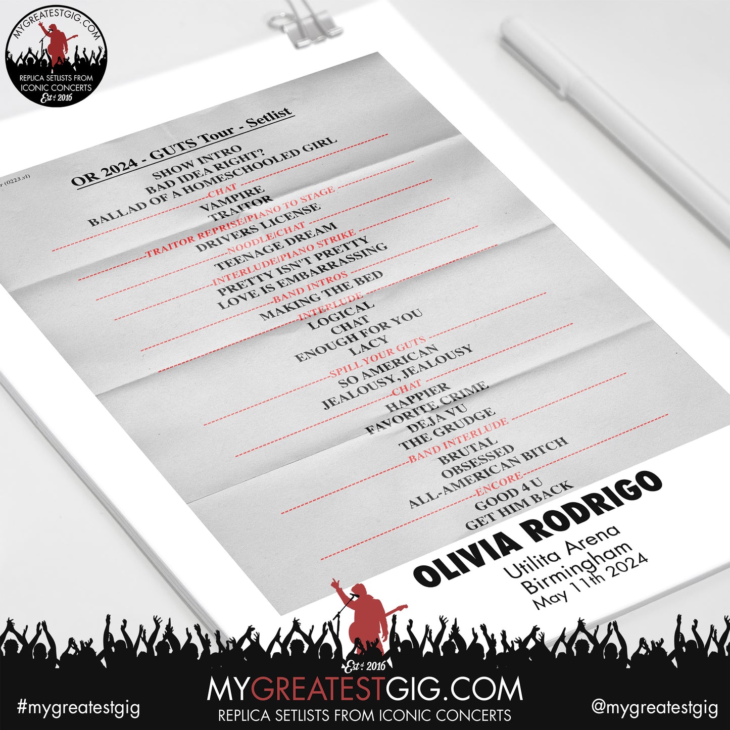 Olivia Rodrigo - Birmingham - May 11th 2024 Replica Setlist Poster
