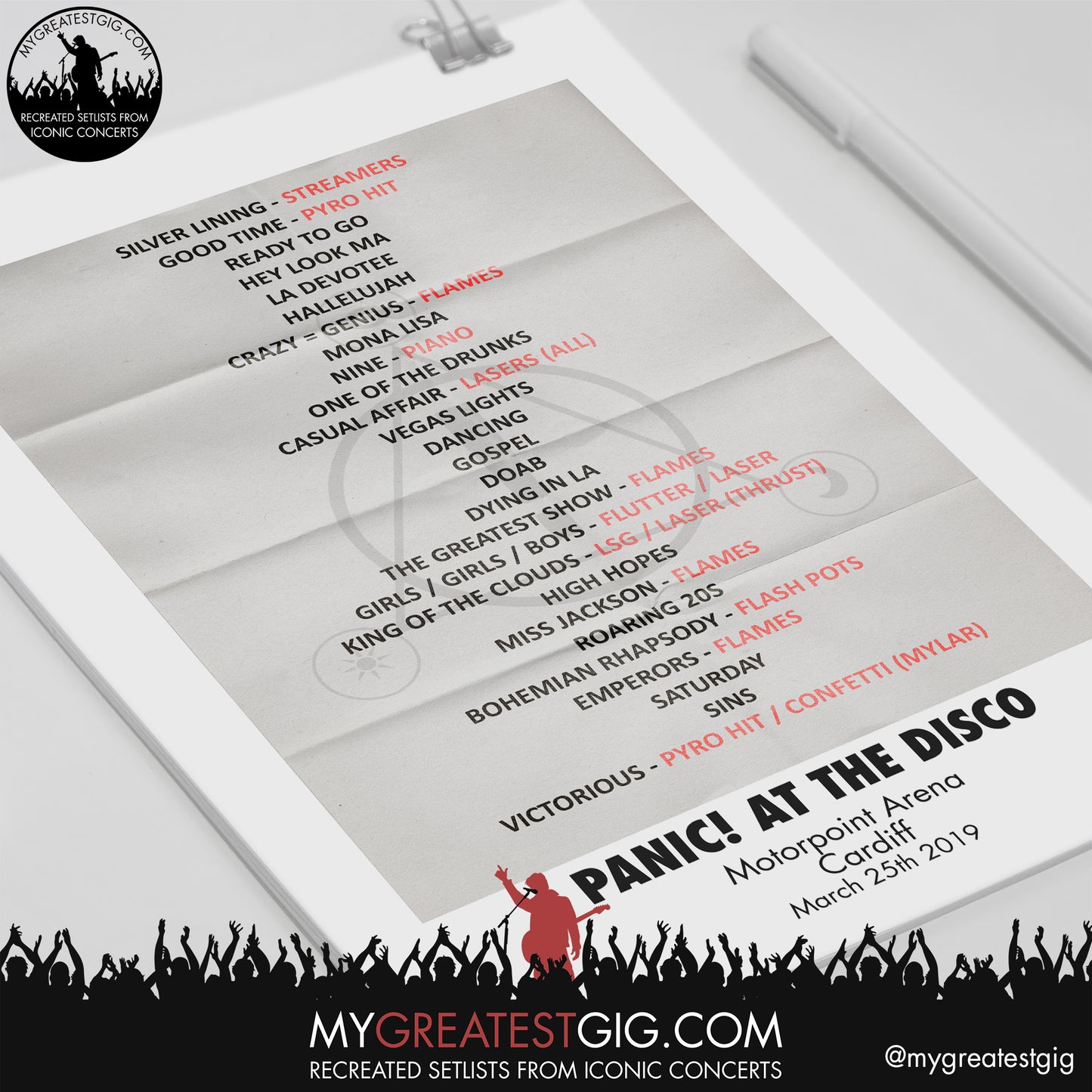 Panic! At The Disco - Cardiff - March 25th 2019 Recreated Setlist Poster