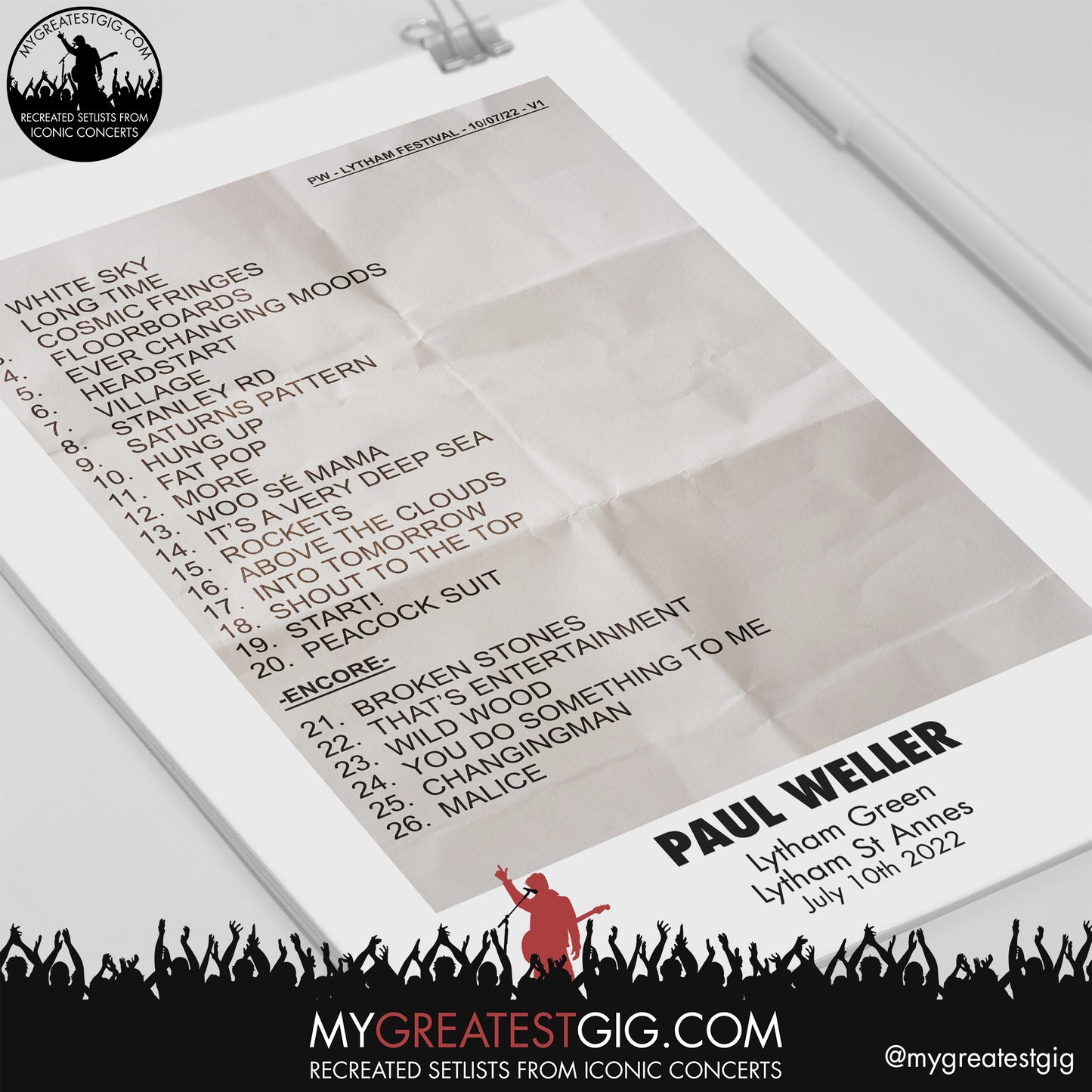 Paul Weller - Lytham St Annes - July 10th 2022 Recreated Setlist Poster