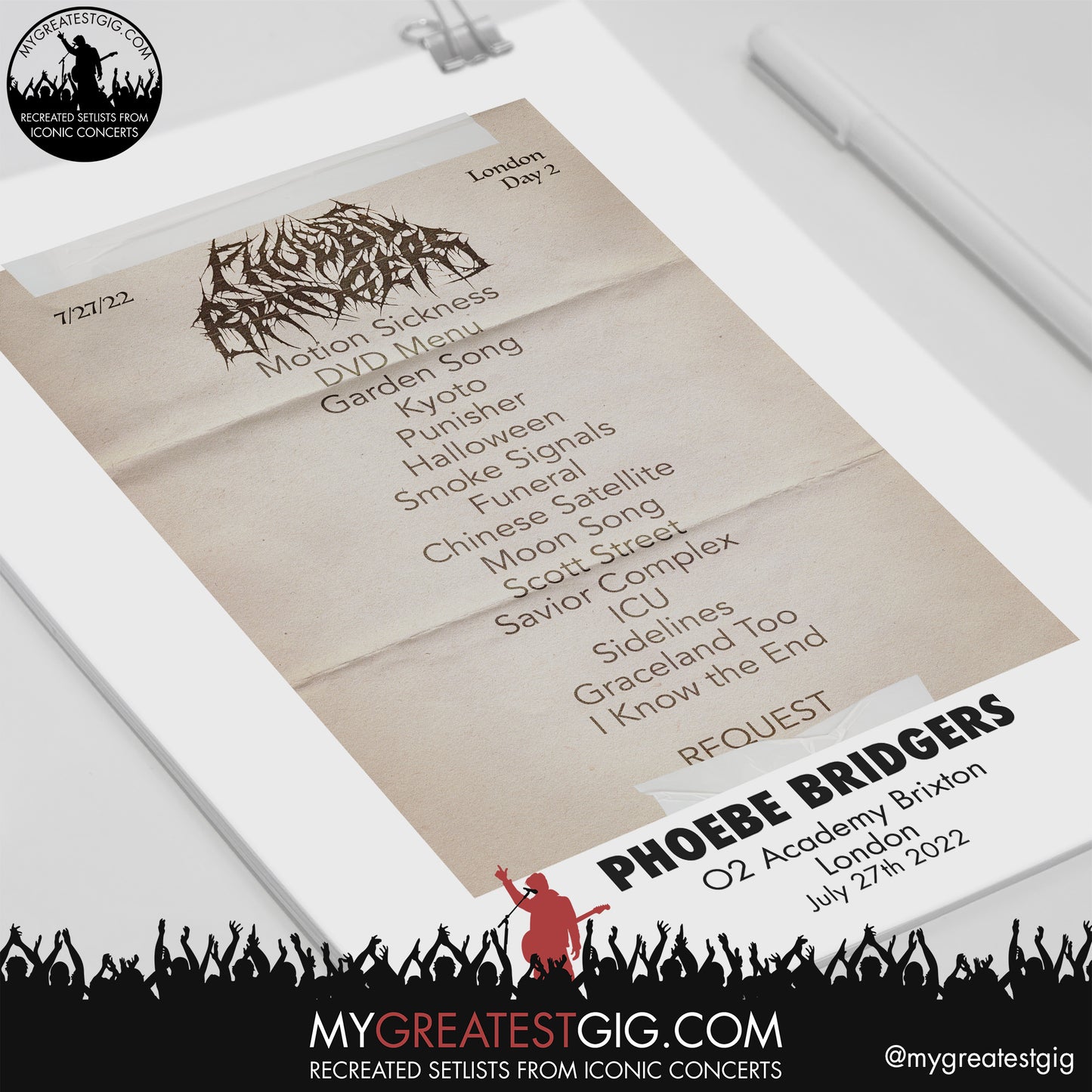 Phoebe Bridgers - London - July 27th 2022 Recreated Setlist Poster