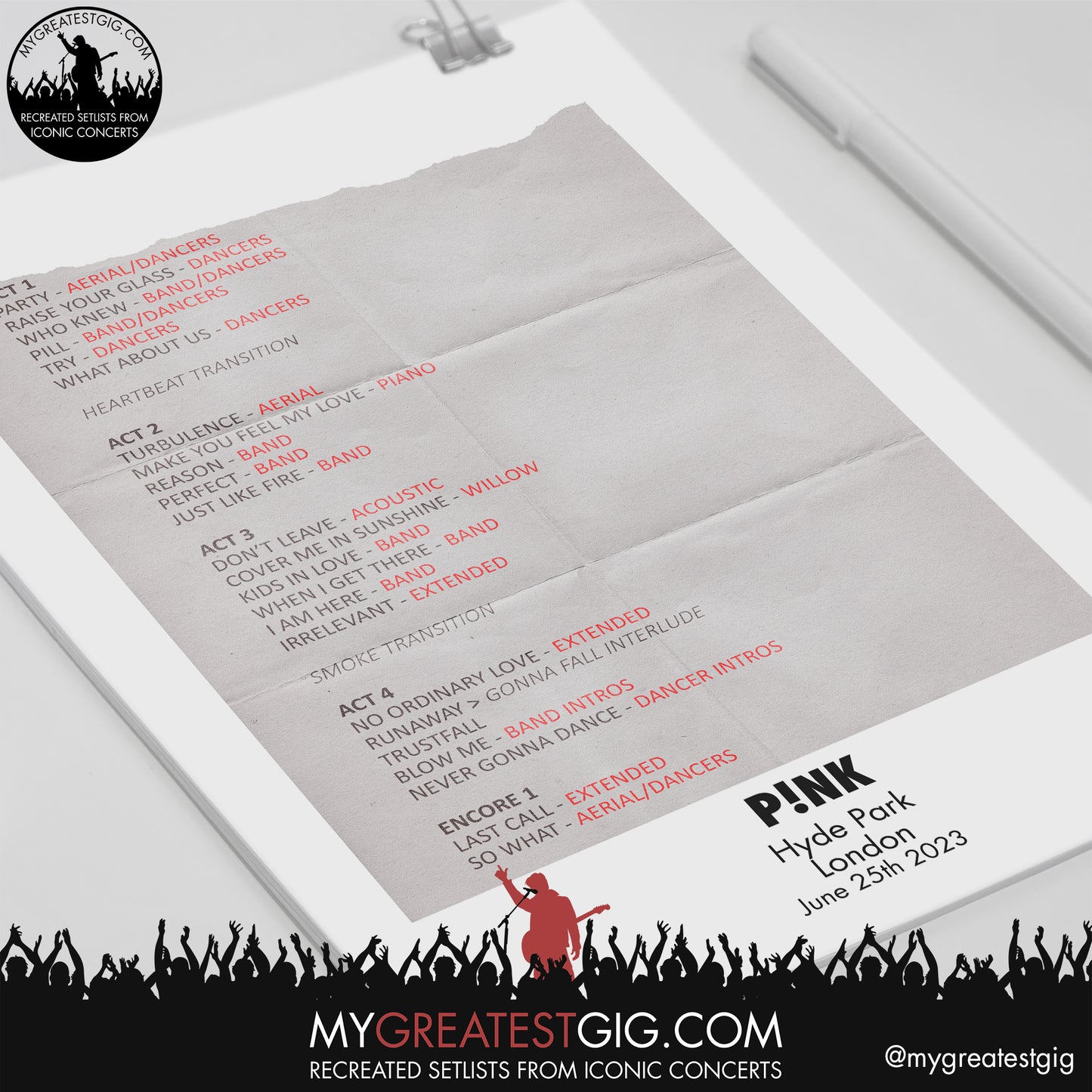 Pink - London - June 25th 2023 Recreated Setlist Poster