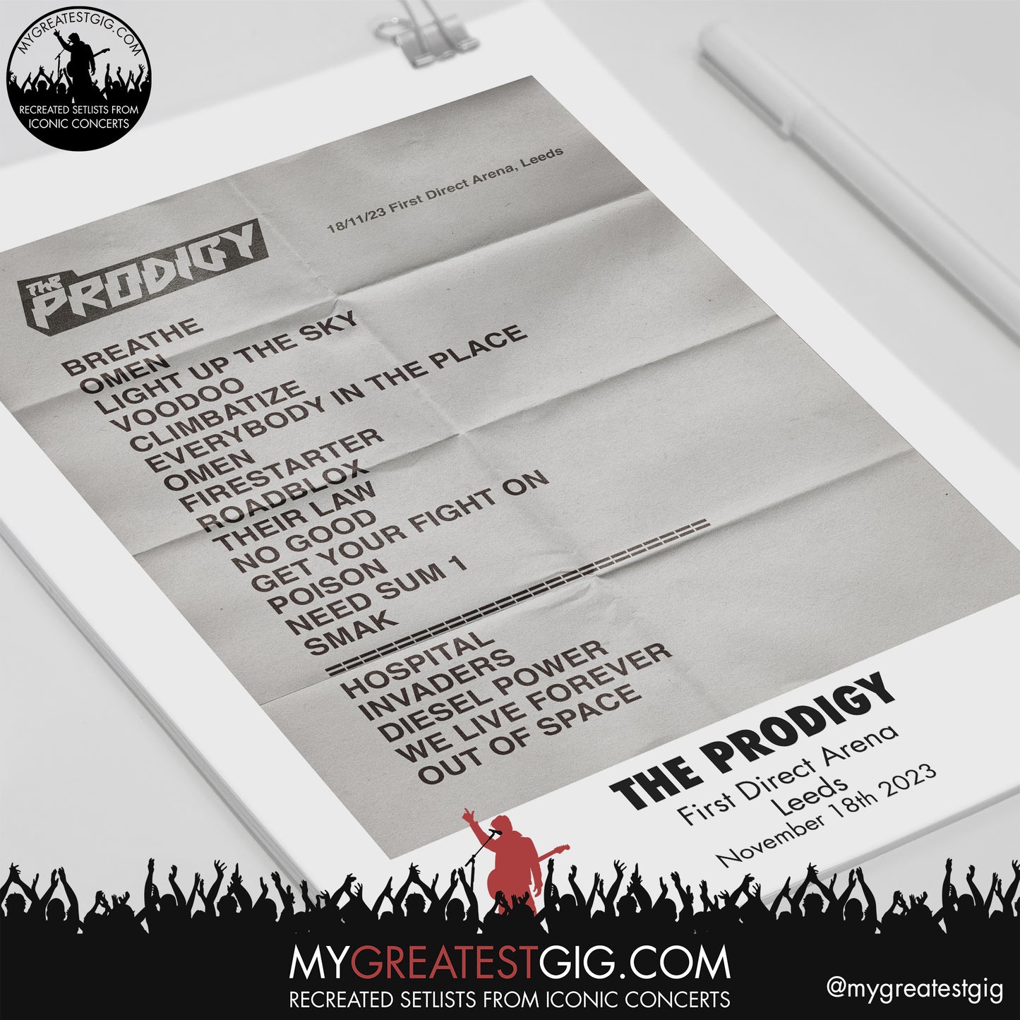 The Prodigy - Leeds - November 18th 2023 Recreated Setlist Poster
