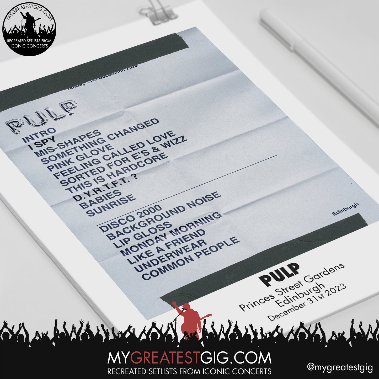 Pulp - Edinburgh - December 31st 2023 Recreated Setlist Poster