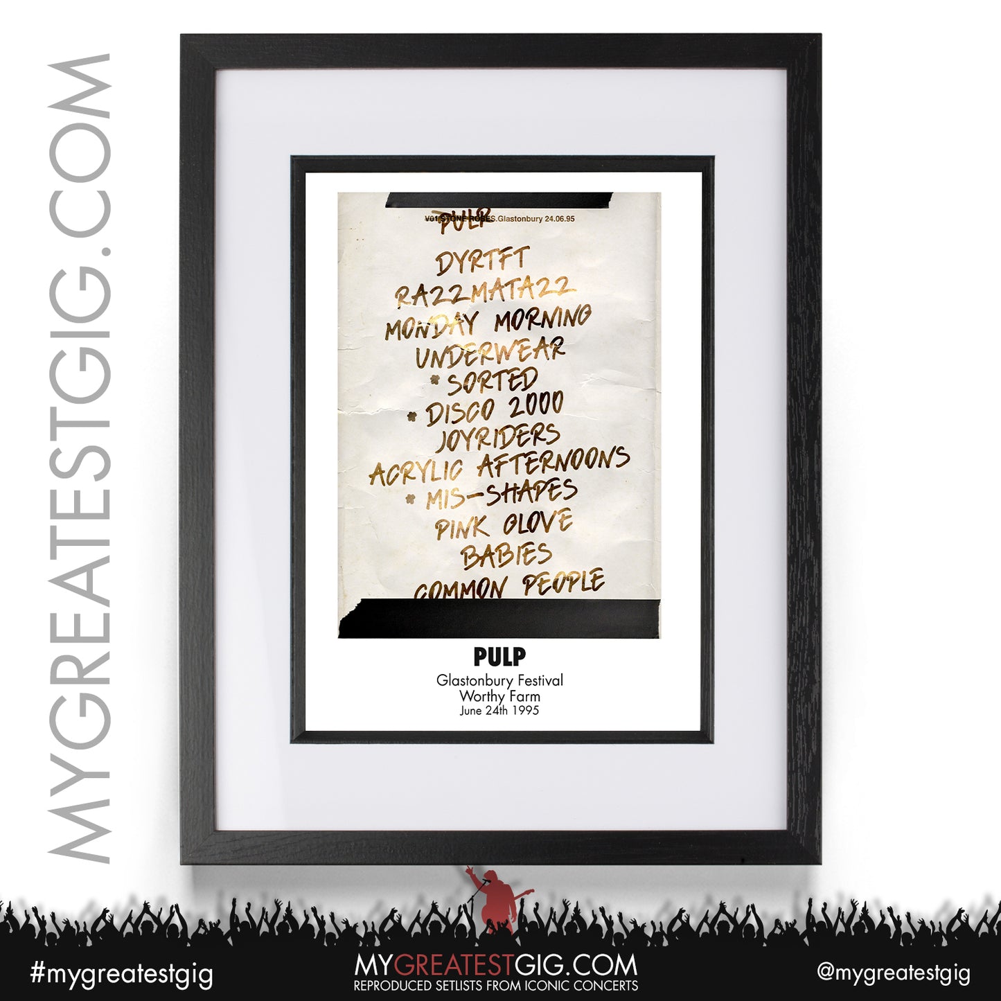 Pulp - Glastonbury Festival - Jun 24th 1995 Recreated Set List Poster