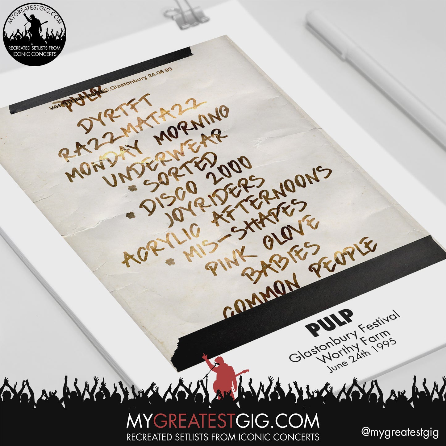 Pulp - Glastonbury Festival - Jun 24th 1995 Recreated Set List Poster