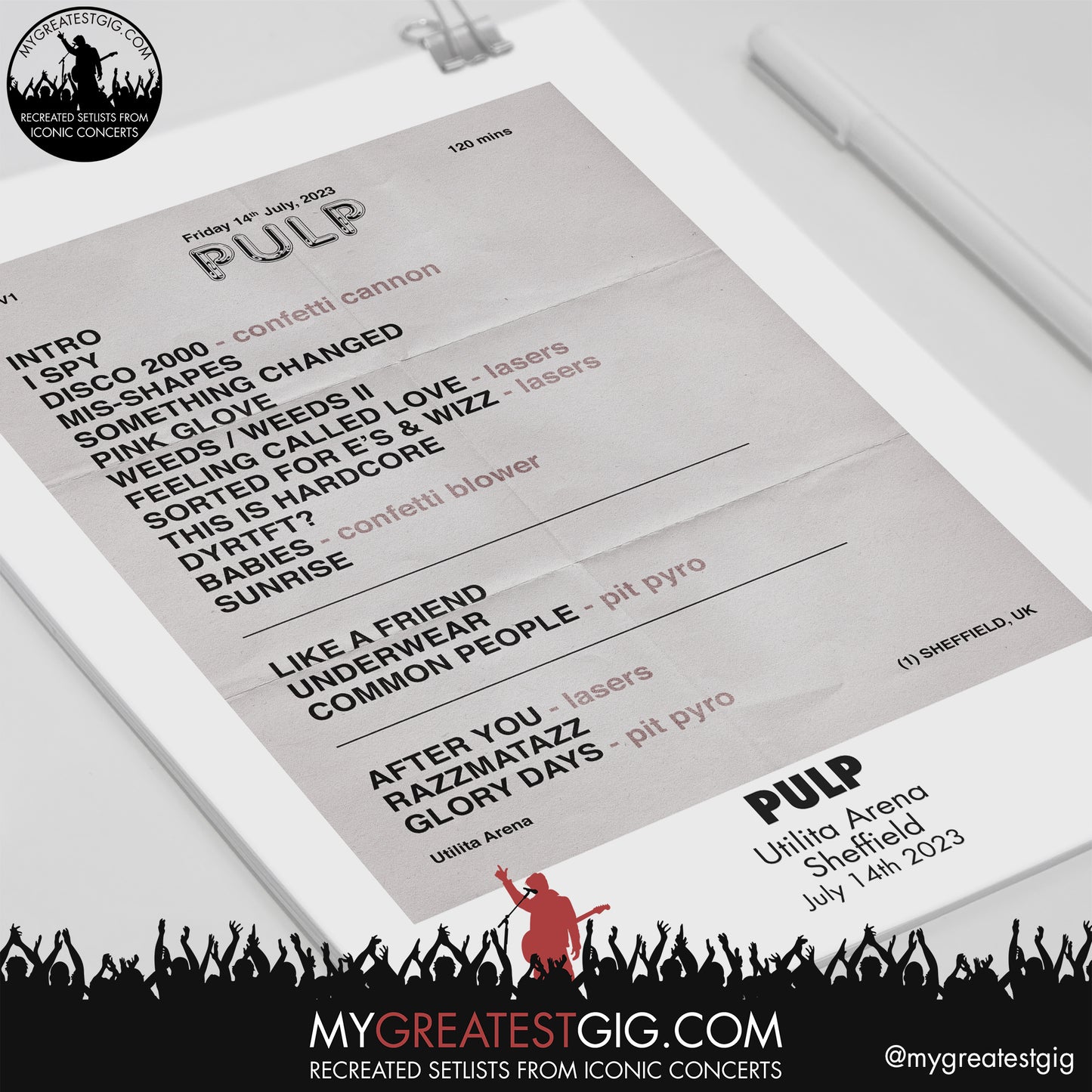 Pulp - Sheffield - July 14th 2023 Recreated Setlist Poster