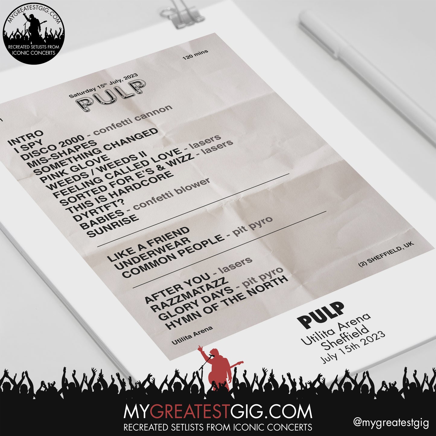Pulp - Sheffield - July 15th 2023 Recreated Setlist Poster