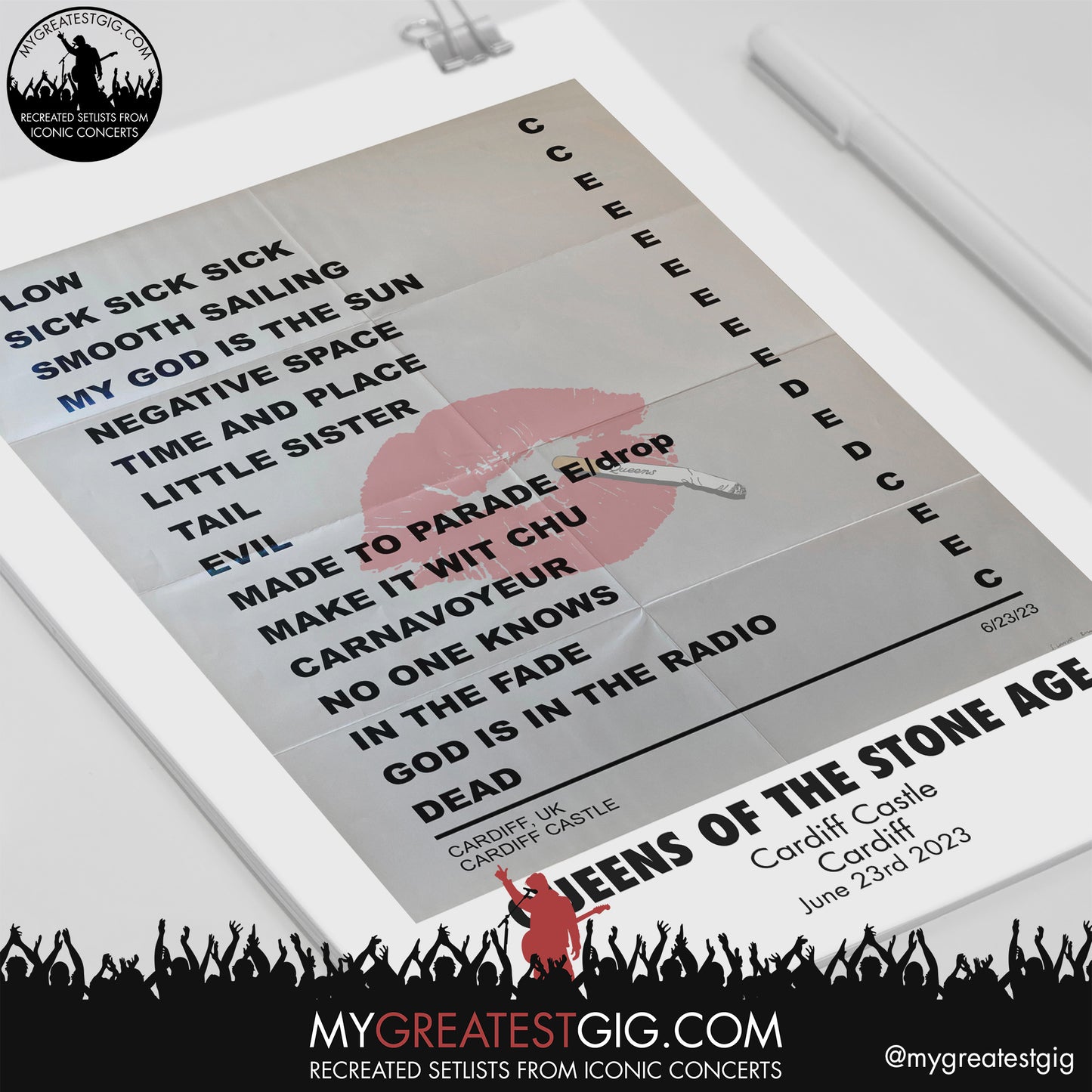 Queens Of The Stone Age - Cardiff - June 23rd 2023 Recreated Setlist Poster