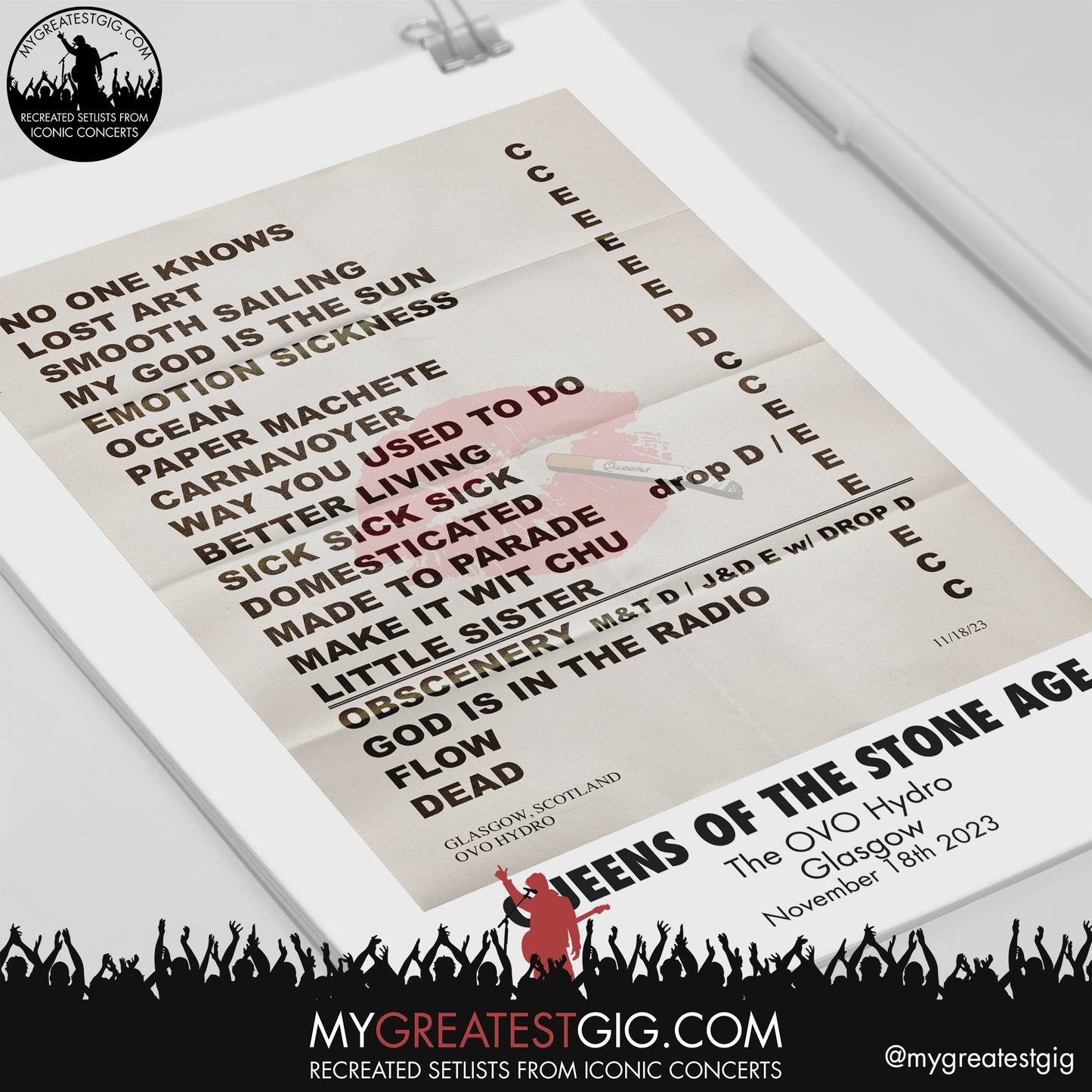 Queens Of The Stone Age - Glasgow - November 18th 2023 Recreated Setlist Poster