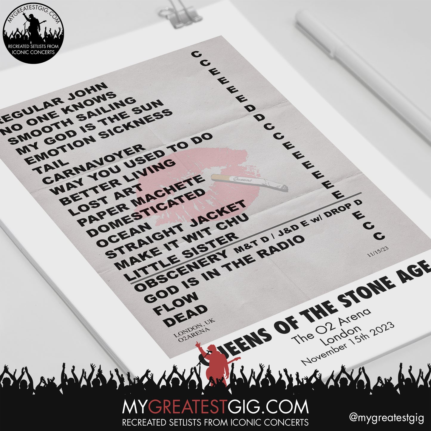 Queens Of The Stone Age - London - November 15th 2023 Recreated Setlist Poster