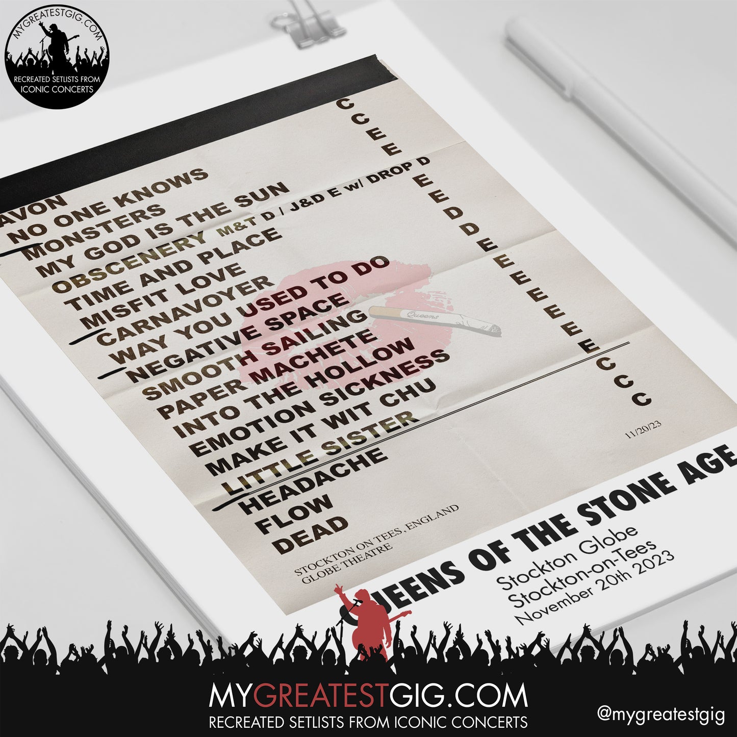 Queens Of The Stone Age - Stockton - November 20th 2023 Recreated Setlist Poster