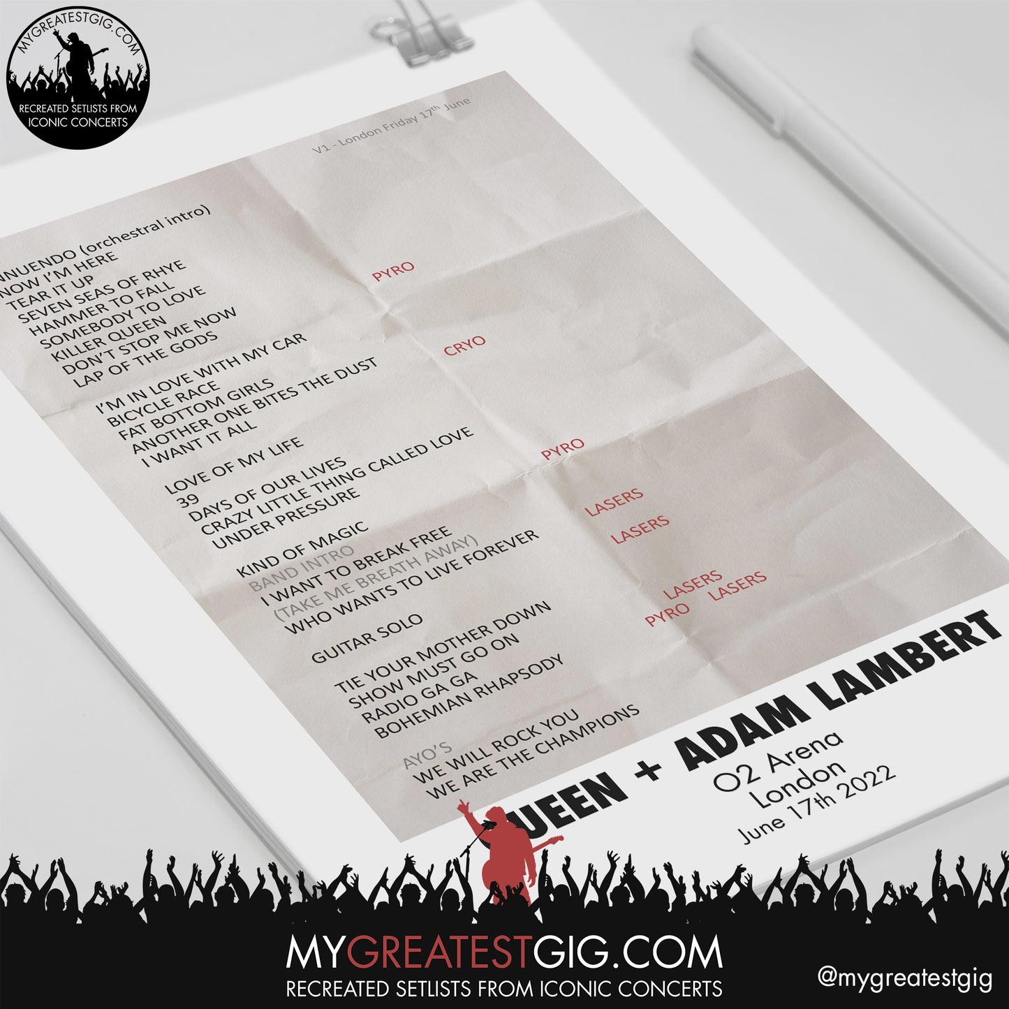 Queen + Adam Lambert - London - June 17th 2022 Recreated Setlist Poster