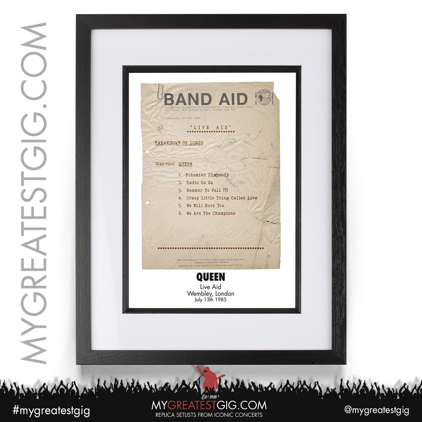 Queen - Live Aid - Jul 13th 1985 Recreated Set List Poster
