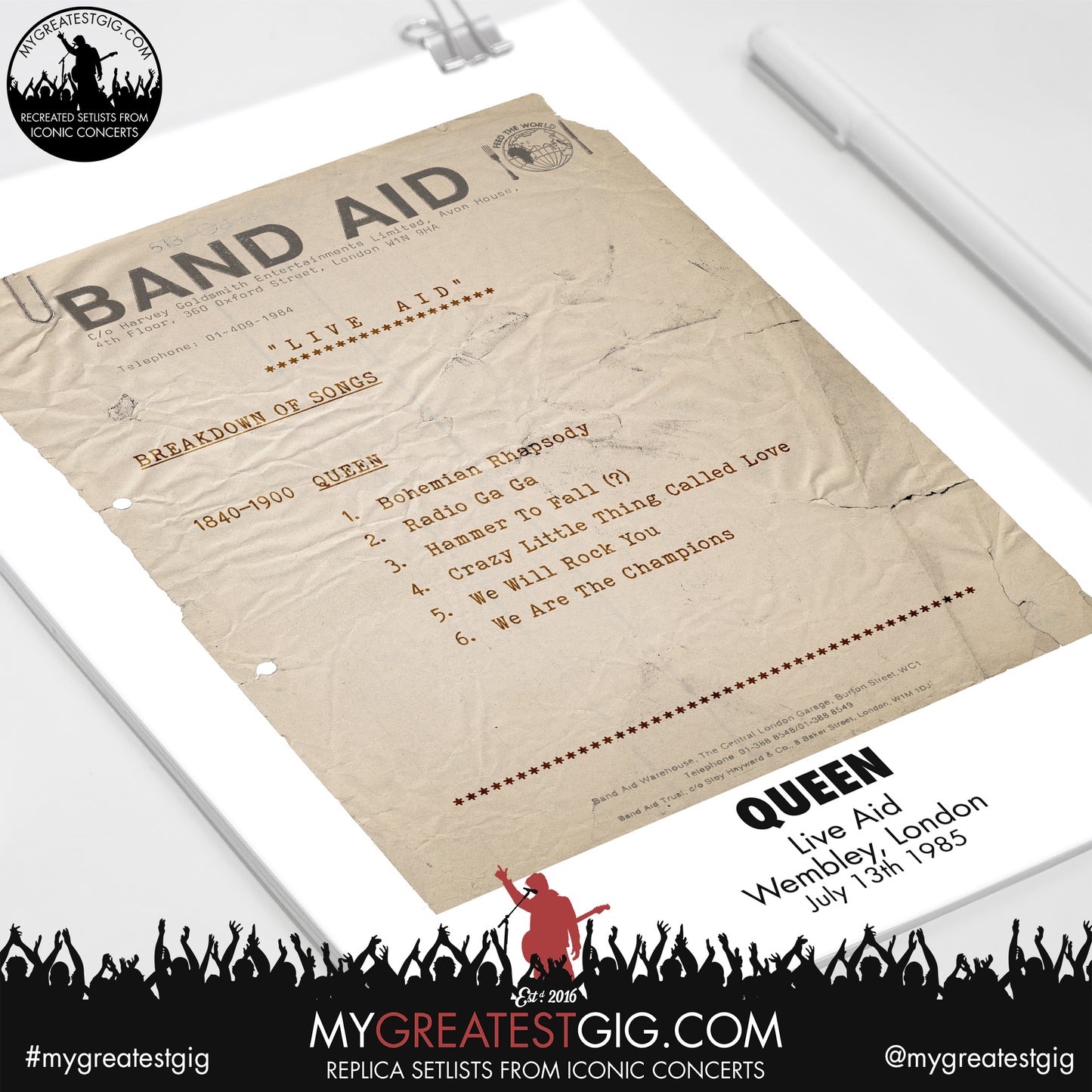 Queen - Live Aid - Jul 13th 1985 Recreated Set List Poster