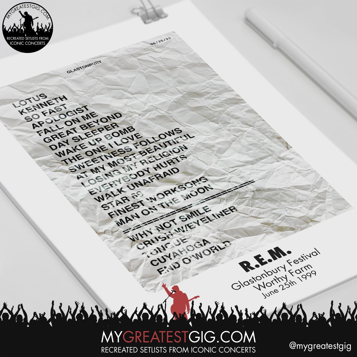 R.E.M - Glastonbury Festival - June 25th 1999 Recreated Setlist Poster