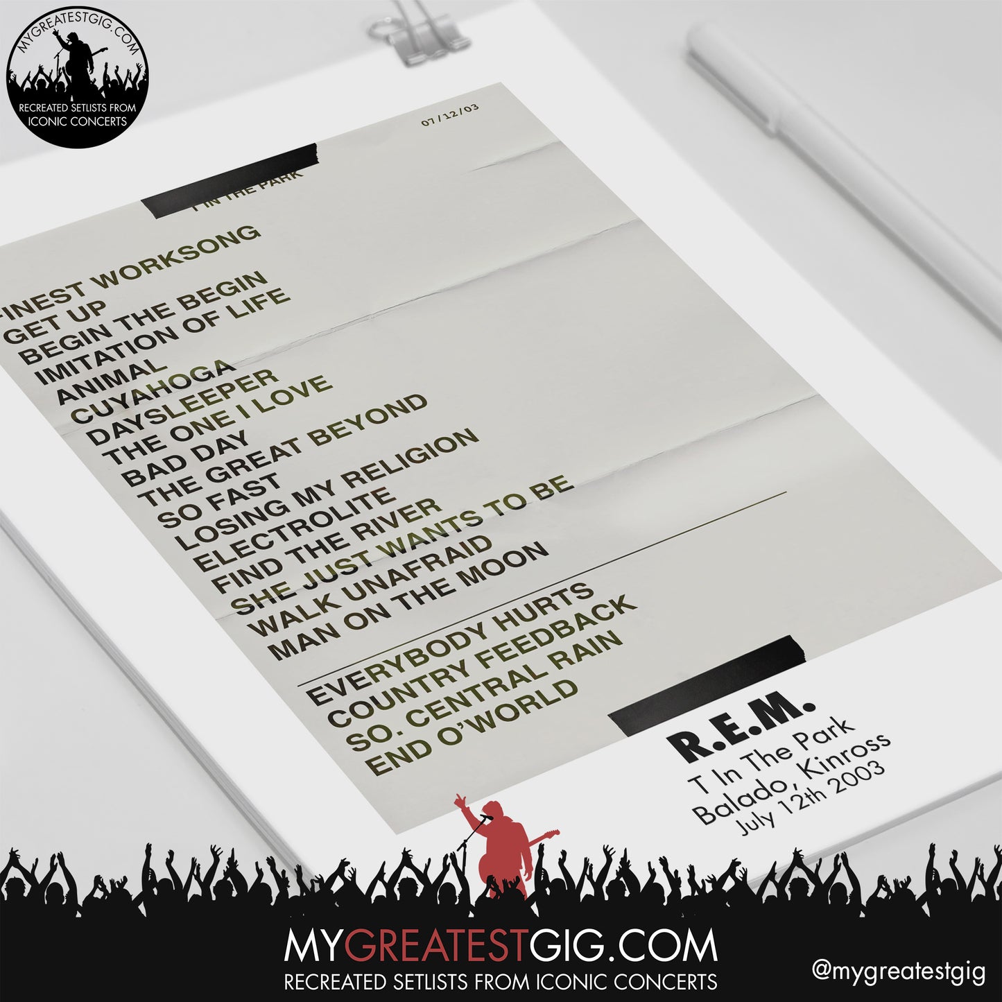 R.E.M - T In The Park - July 12th 2003 Recreated Setlist Poster