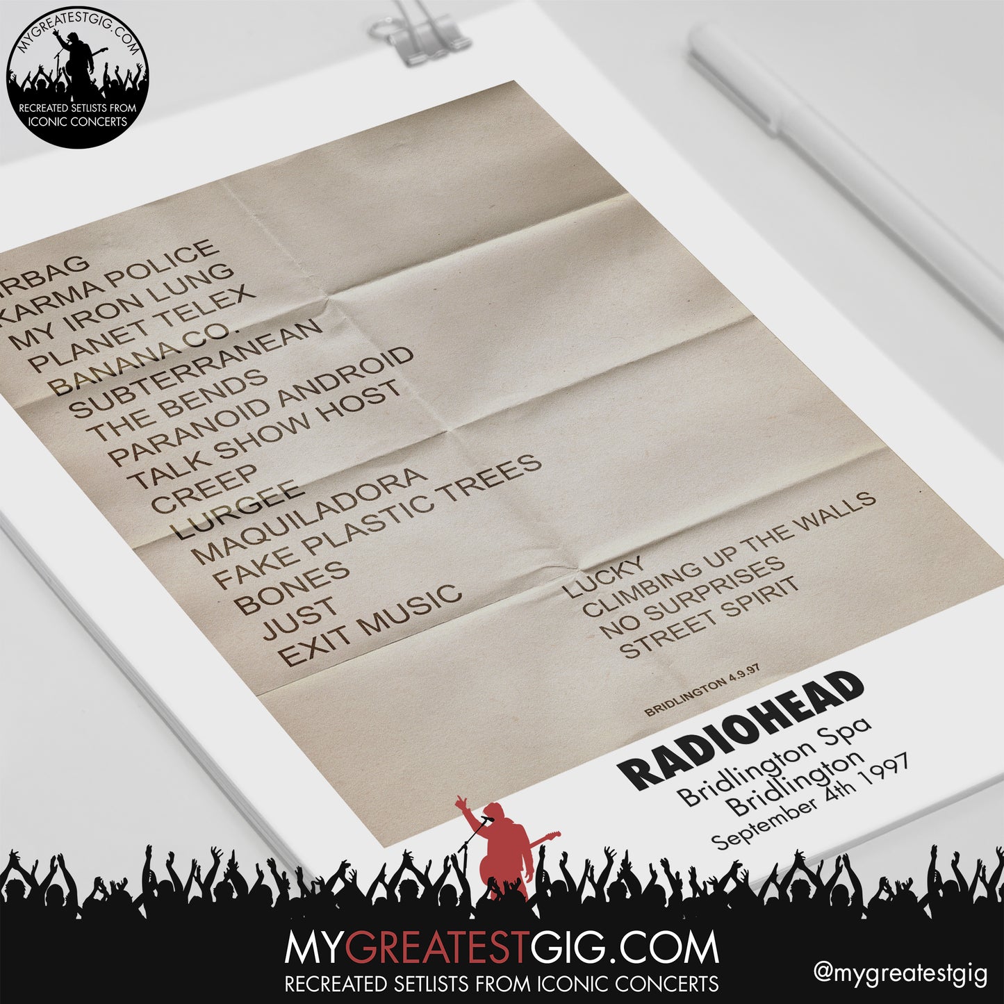 Radiohead - Bridlington - September 4th 1997 Recreated Setlist Poster