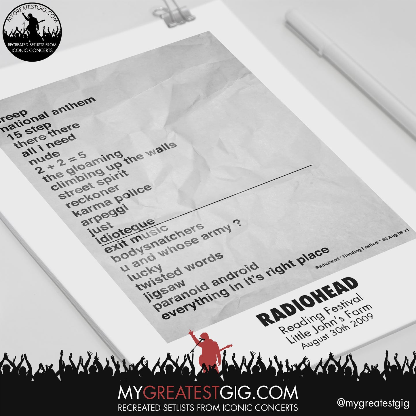 Radiohead - Reading Festival - August 30th 2009 Recreated Setlist Poster