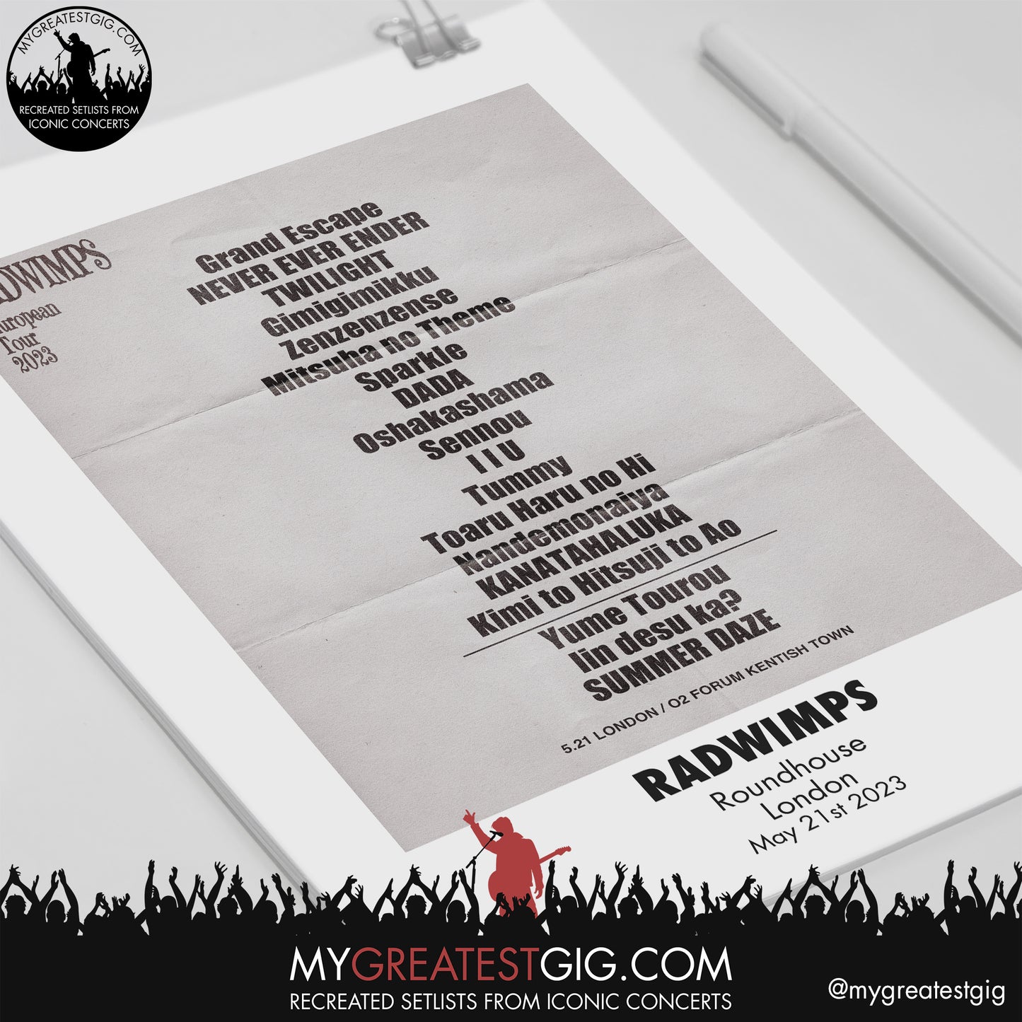 Radwimps - London - May 21st 2023 Recreated Setlist Poster