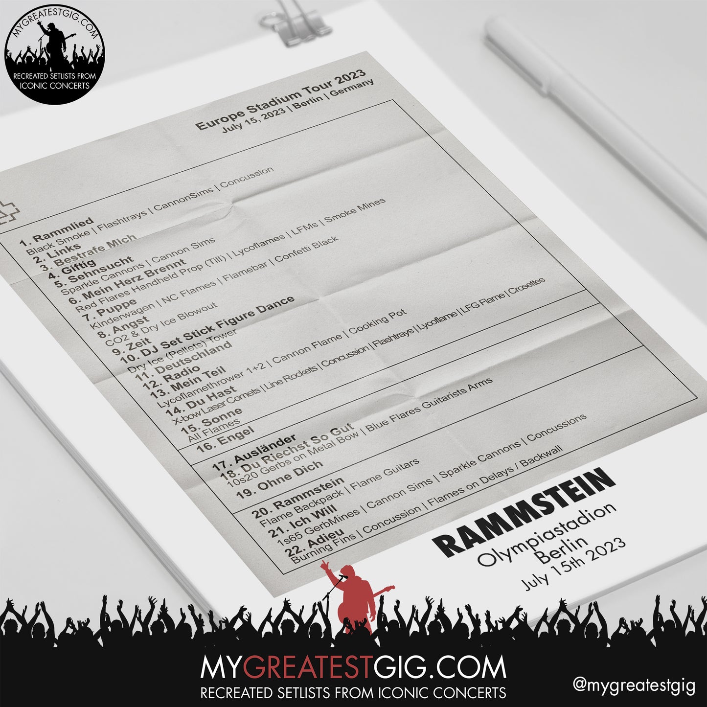 Rammstein - Berlin - July 15th 2023 Recreated Setlist Poster