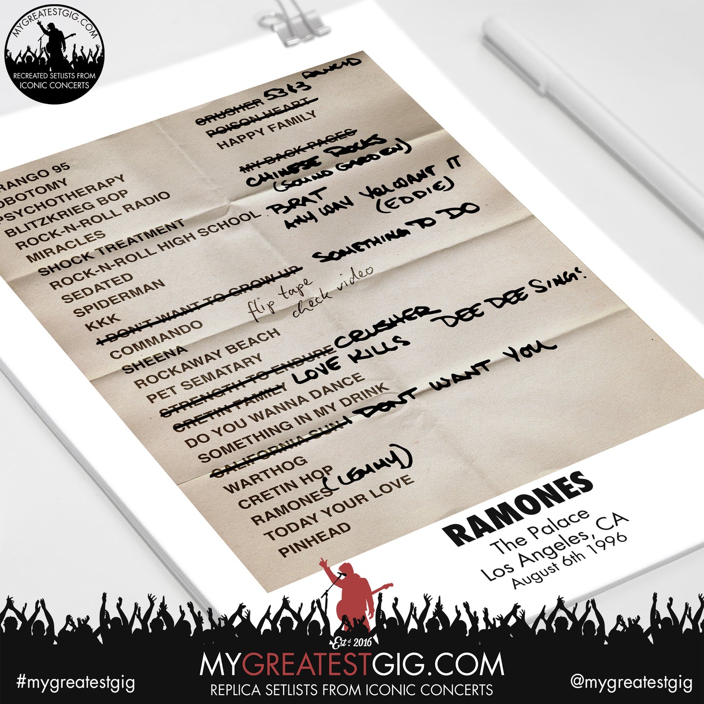 Ramones - Los Angeles - August 6th 1996 Replica Setlist Poster