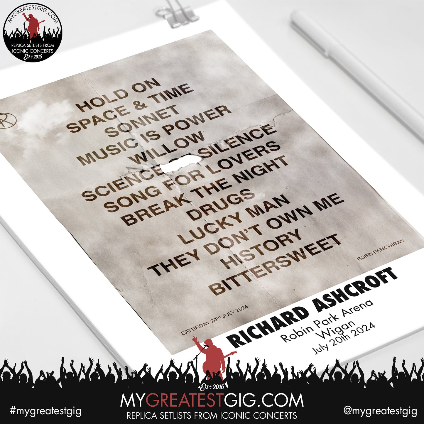 Richard Ashcroft - Wigan / Kew - July 14th / 20th / 21st 2024 Replica Setlist Poster