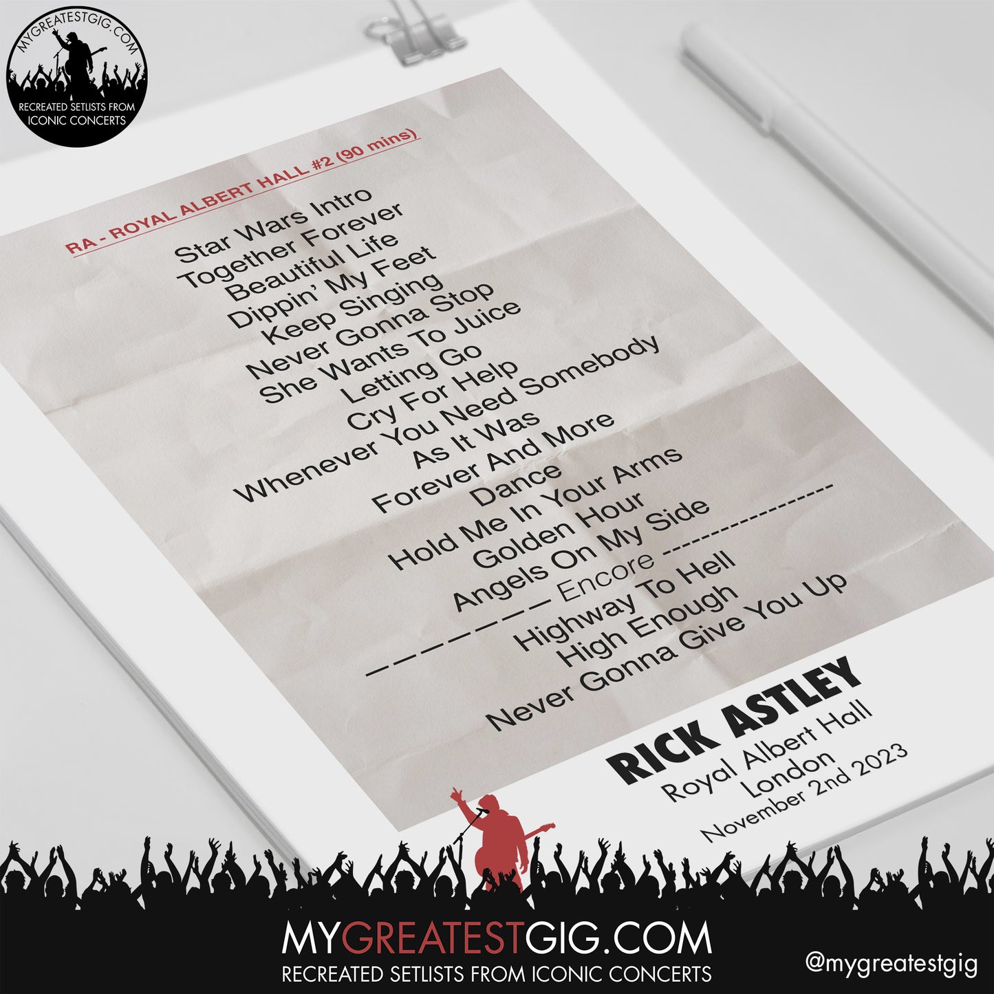 Rick Astley - Royal Albert Hall - November 2nd 2023 Recreated Setlist Poster
