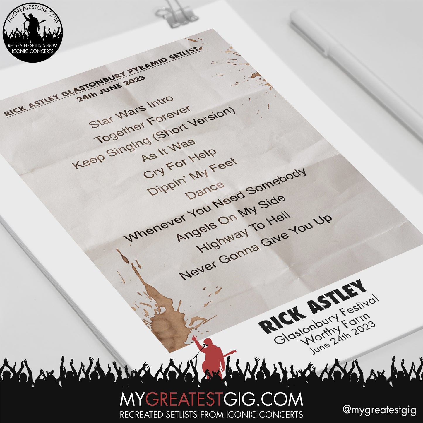 Rick Astley - Glastonbury Festival - June 24th 2023 Recreated Setlist Poster