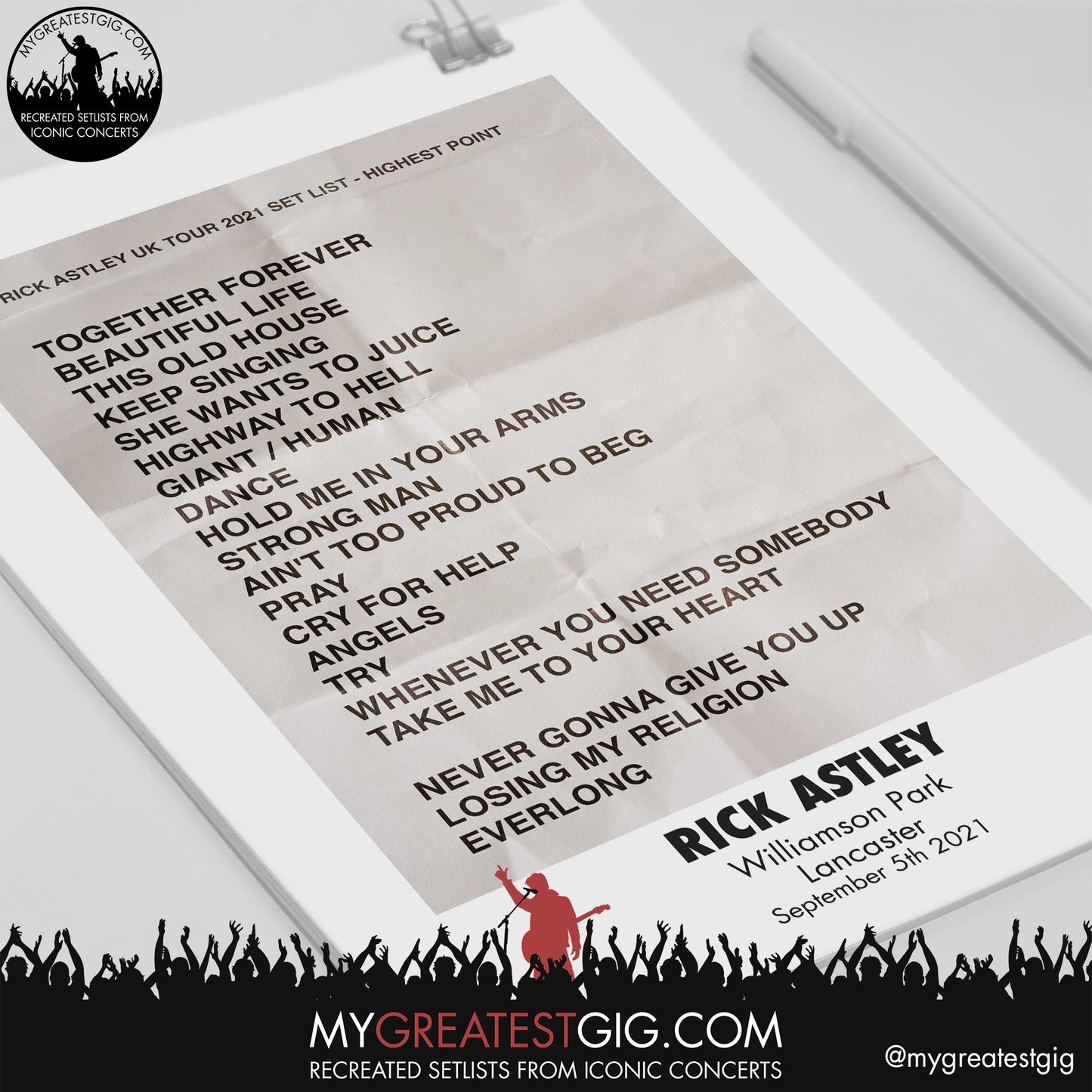 Rick Astley - London - September 5th 2021 Replica Setlist Poster