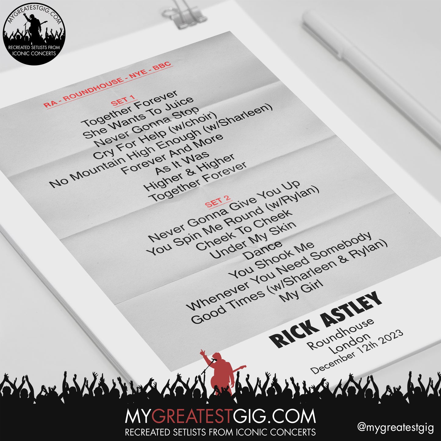 Rick Astley - London - December 12th 2023 Recreated Setlist Poster