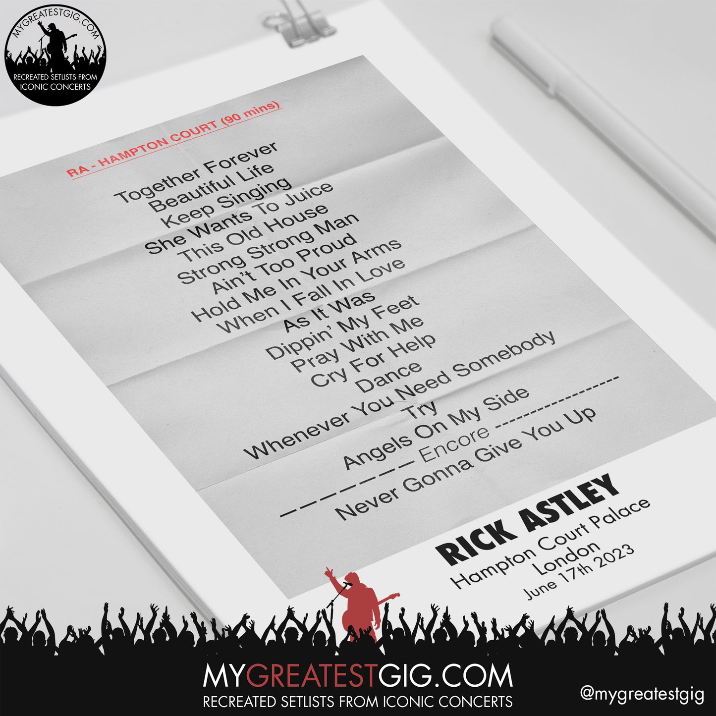Rick Astley - London - June 17th 2023 Replica Setlist Poster