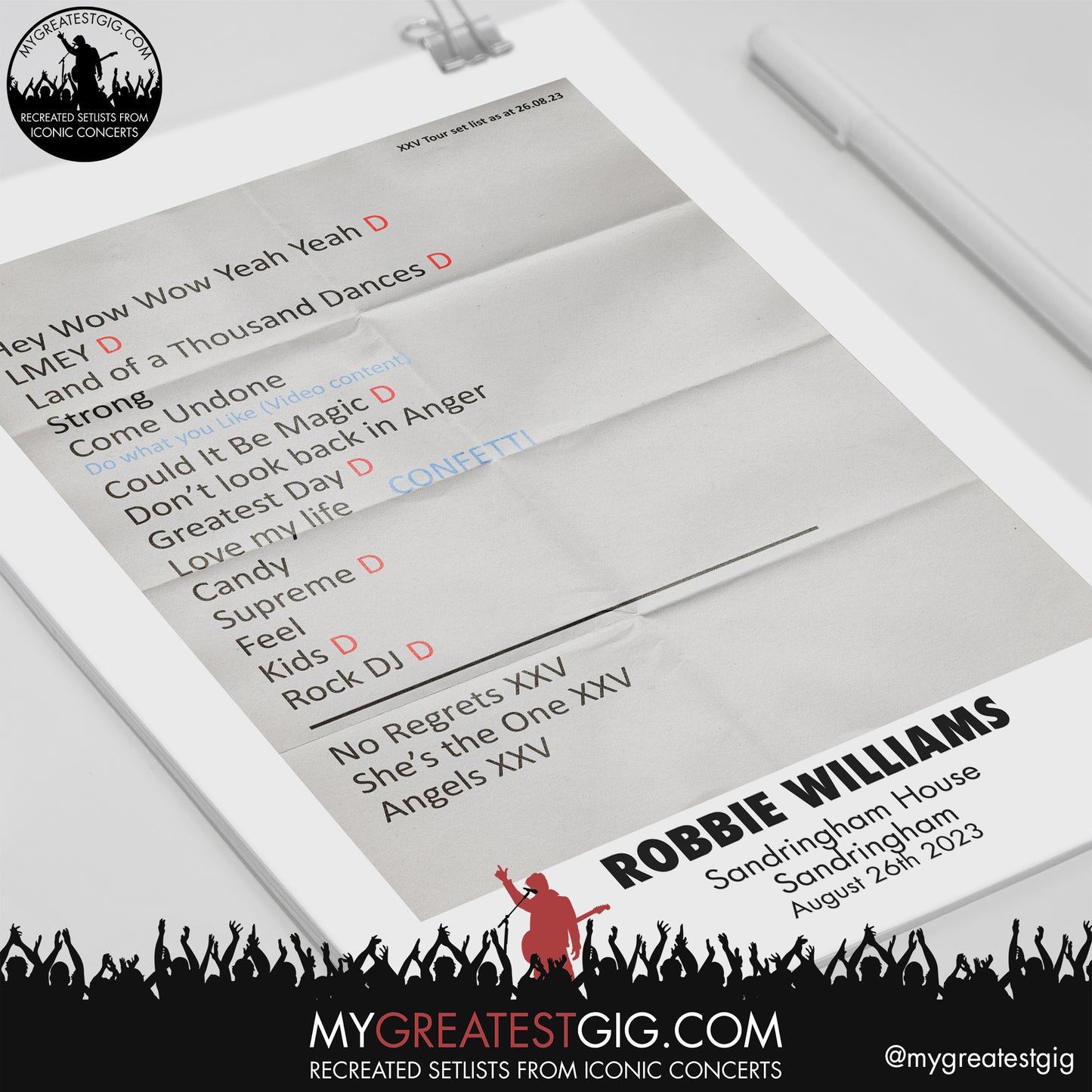 Robbie Williams - Sandringham - August 26th 2023 Recreated Setlist Poster