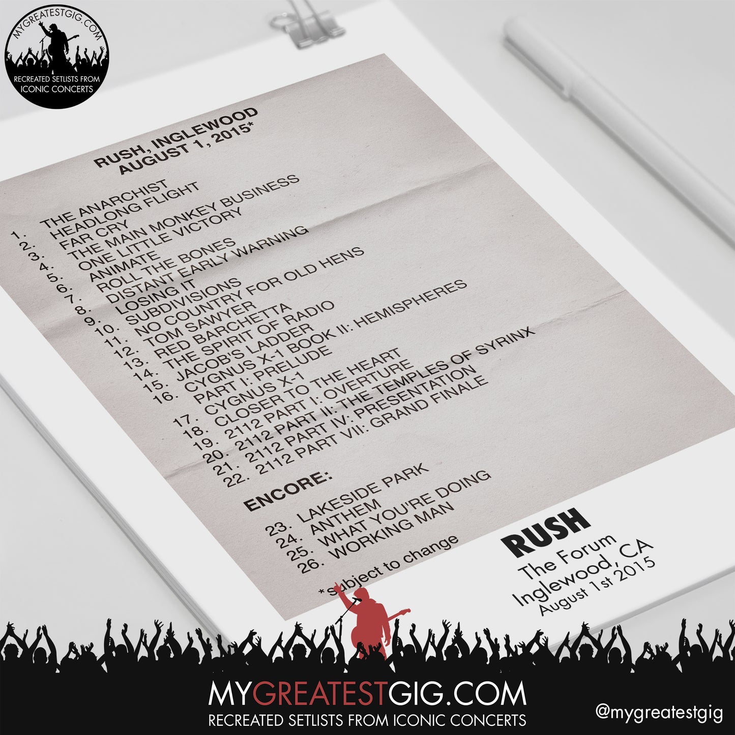 Rush - Inglewood - August 1st 2015 Replica Setlist Poster