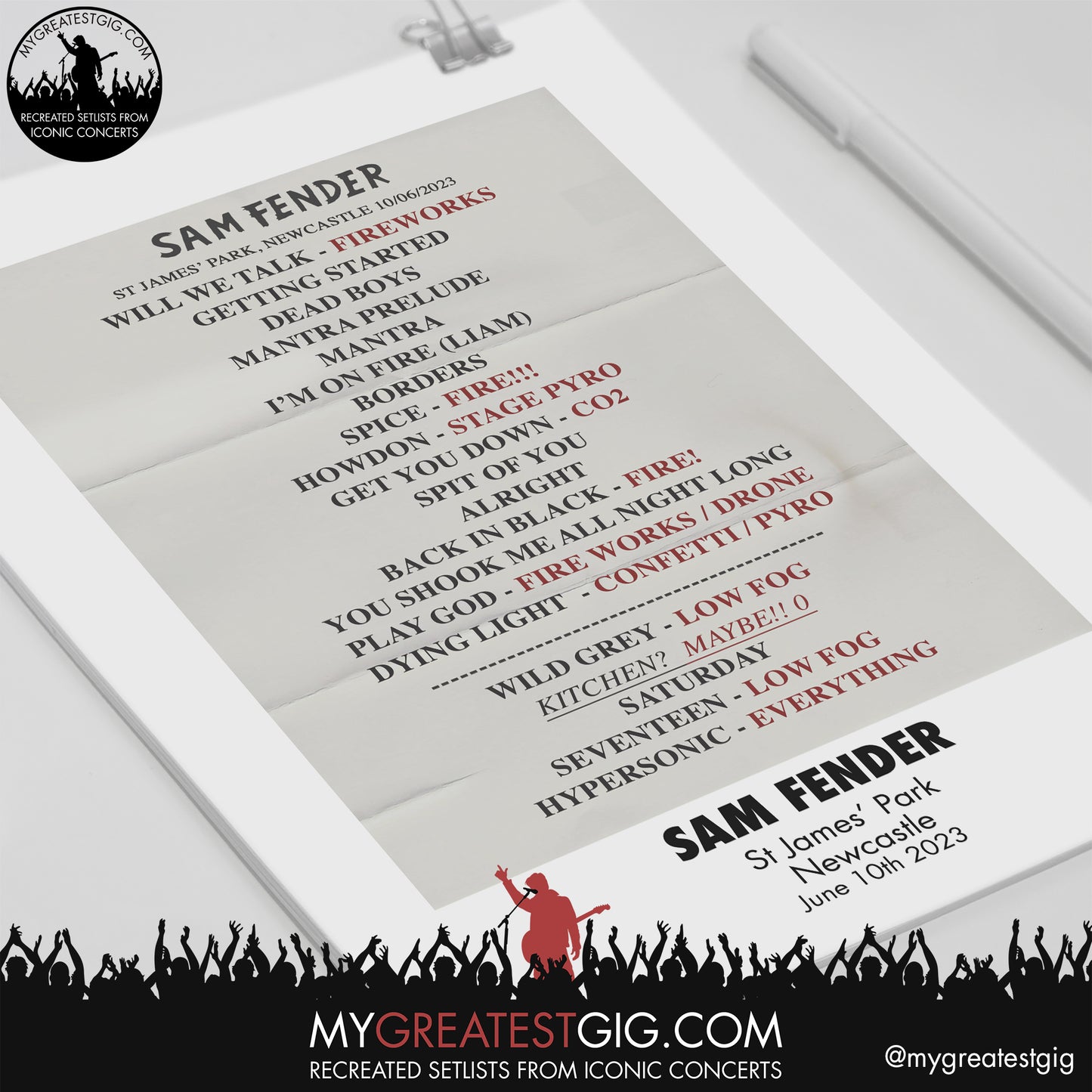 Sam Fender - Newcastle - June 10th 2023 Recreated Setlist Poster