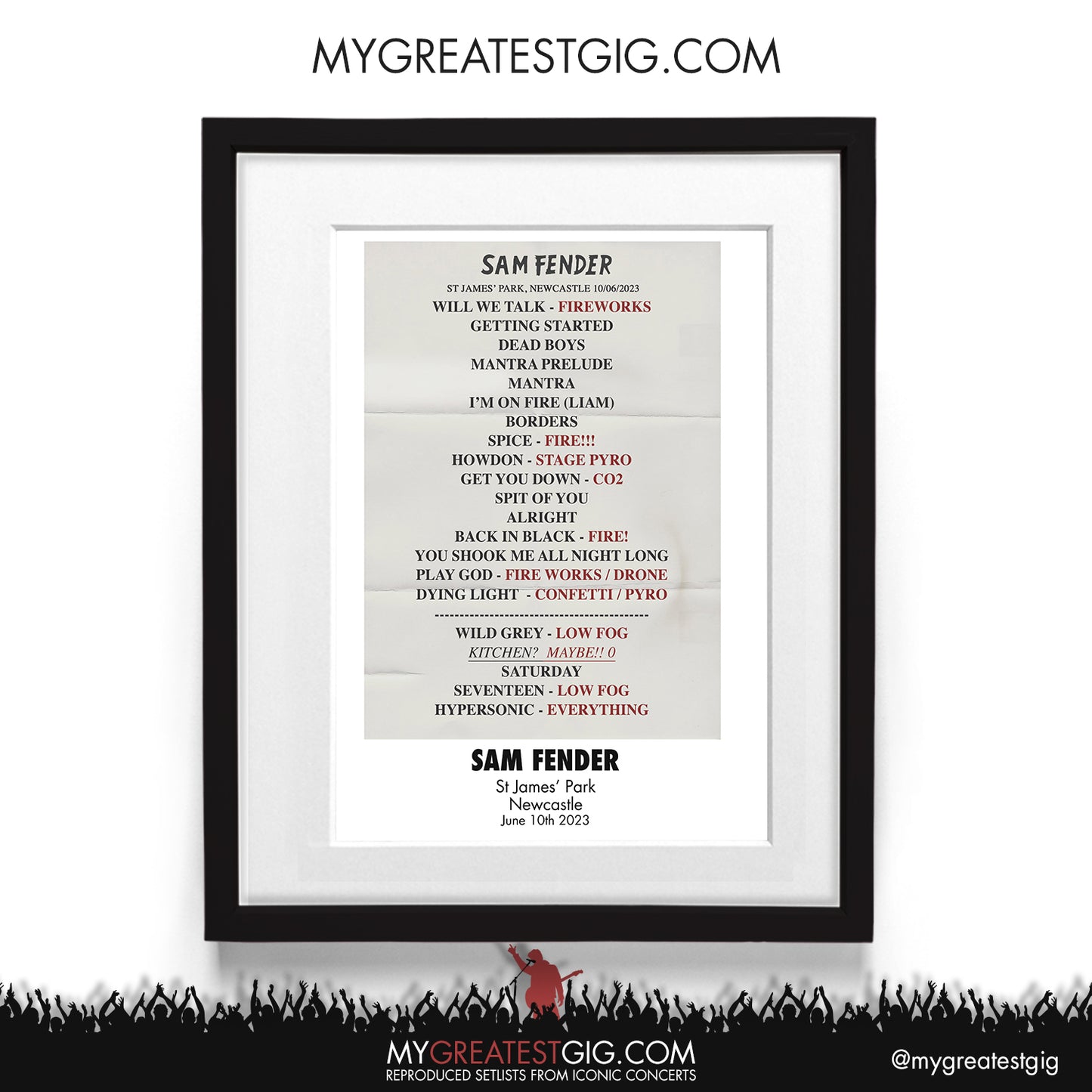 Sam Fender - Newcastle - June 10th 2023 Recreated Setlist Poster