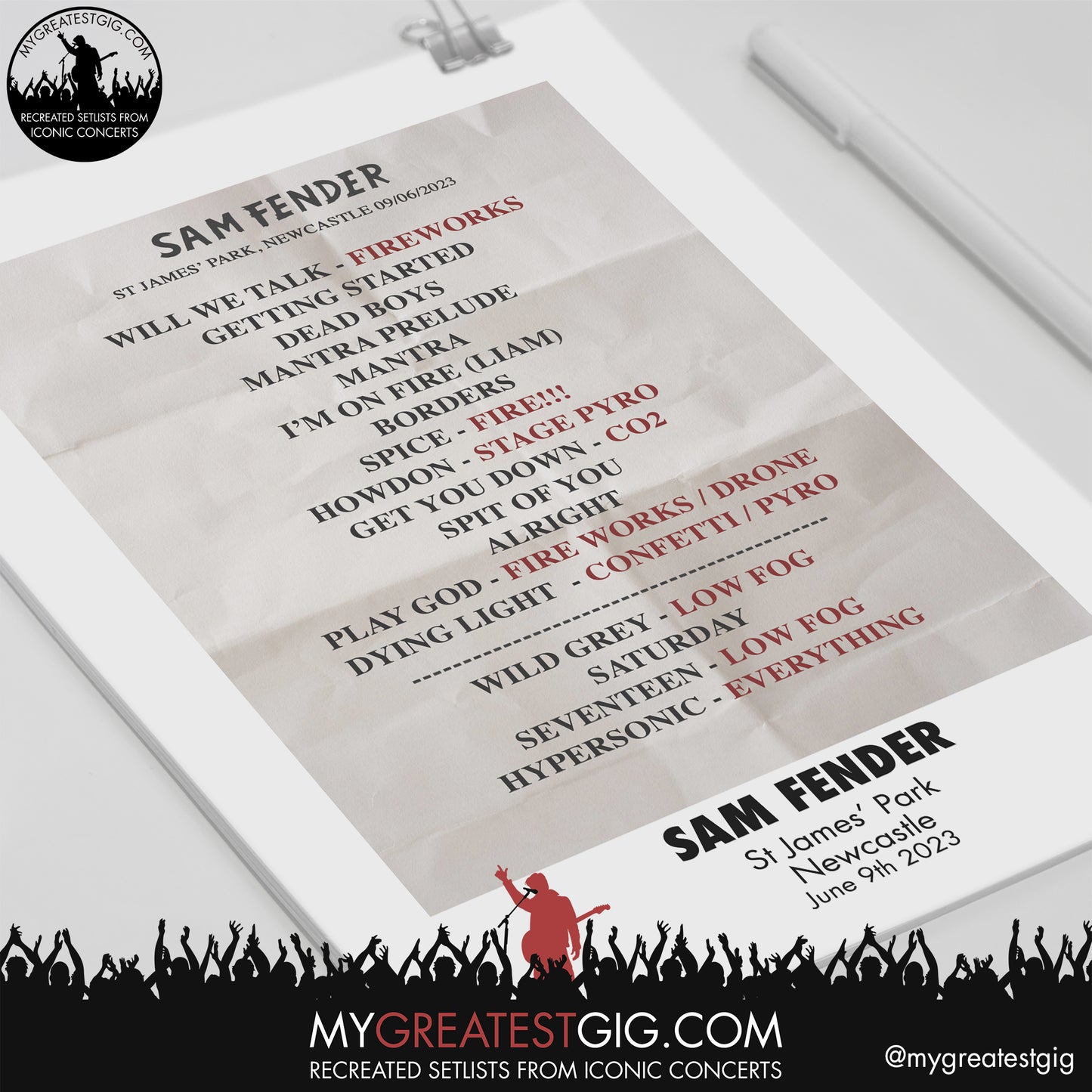 Sam Fender - Newcastle - June 9th 2023 Recreated Setlist Poster