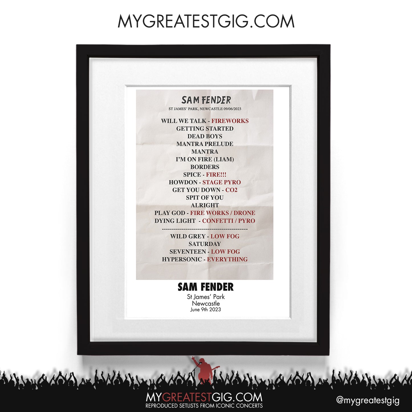Sam Fender - Newcastle - June 9th 2023 Recreated Setlist Poster