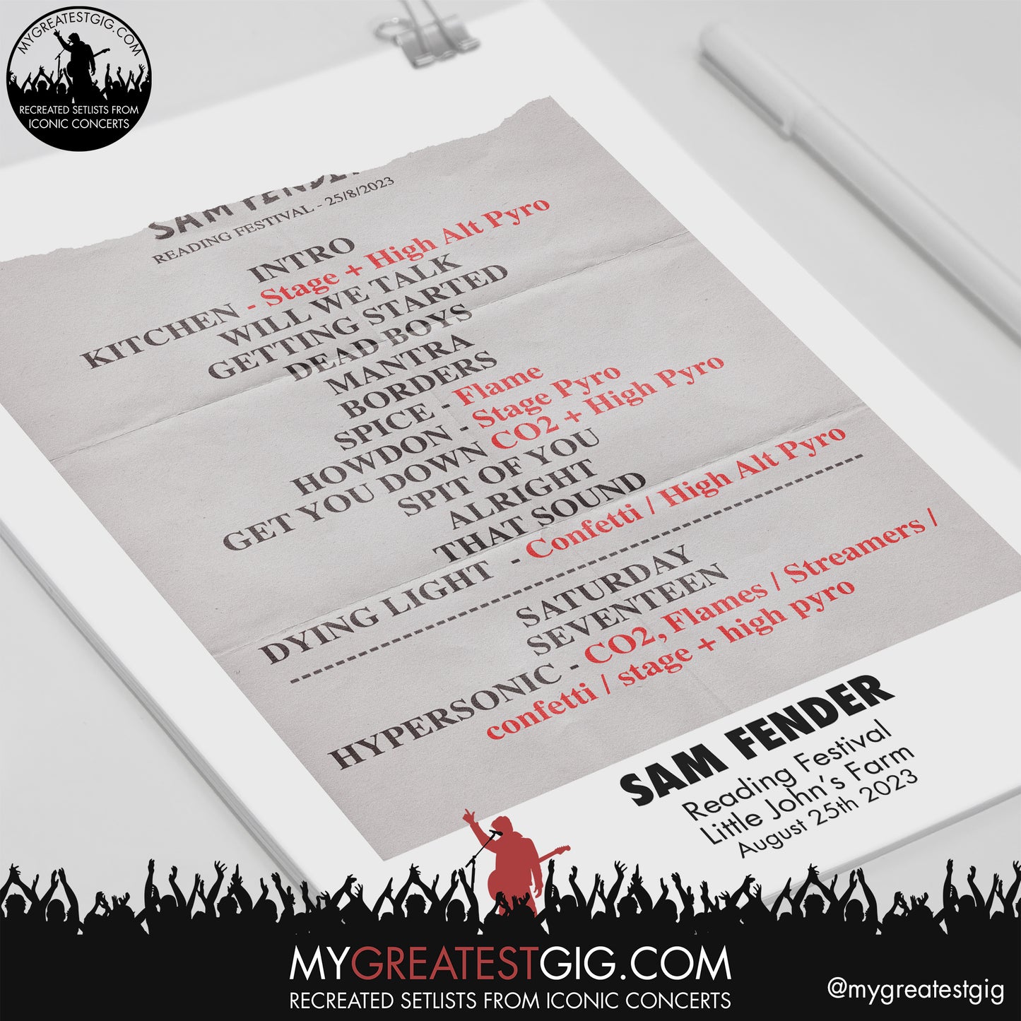 Sam Fender - Reading Festival - August 25th 2023 Recreated Setlist Poster