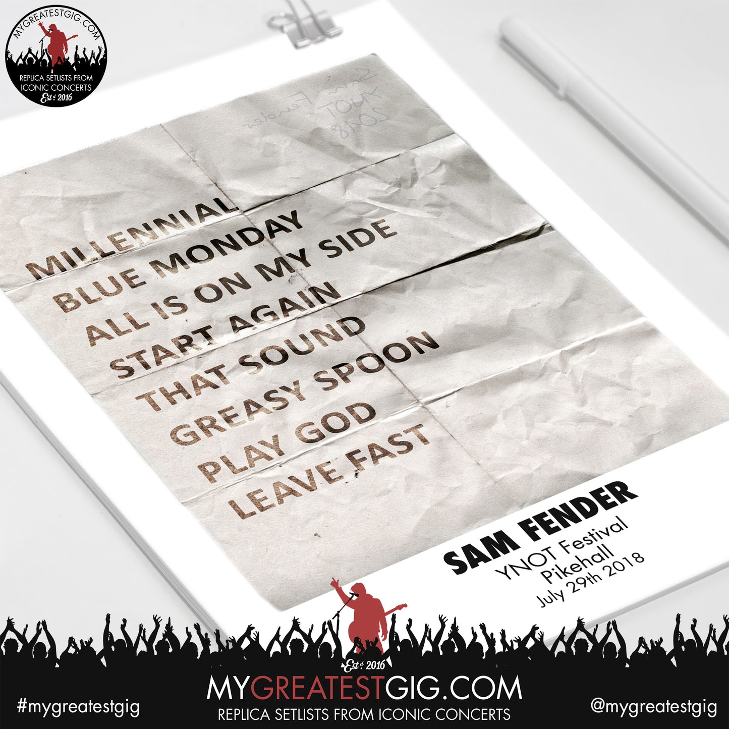 Sam Fender - Y NOT Festival - July 29th 2018 Replica Setlist Poster
